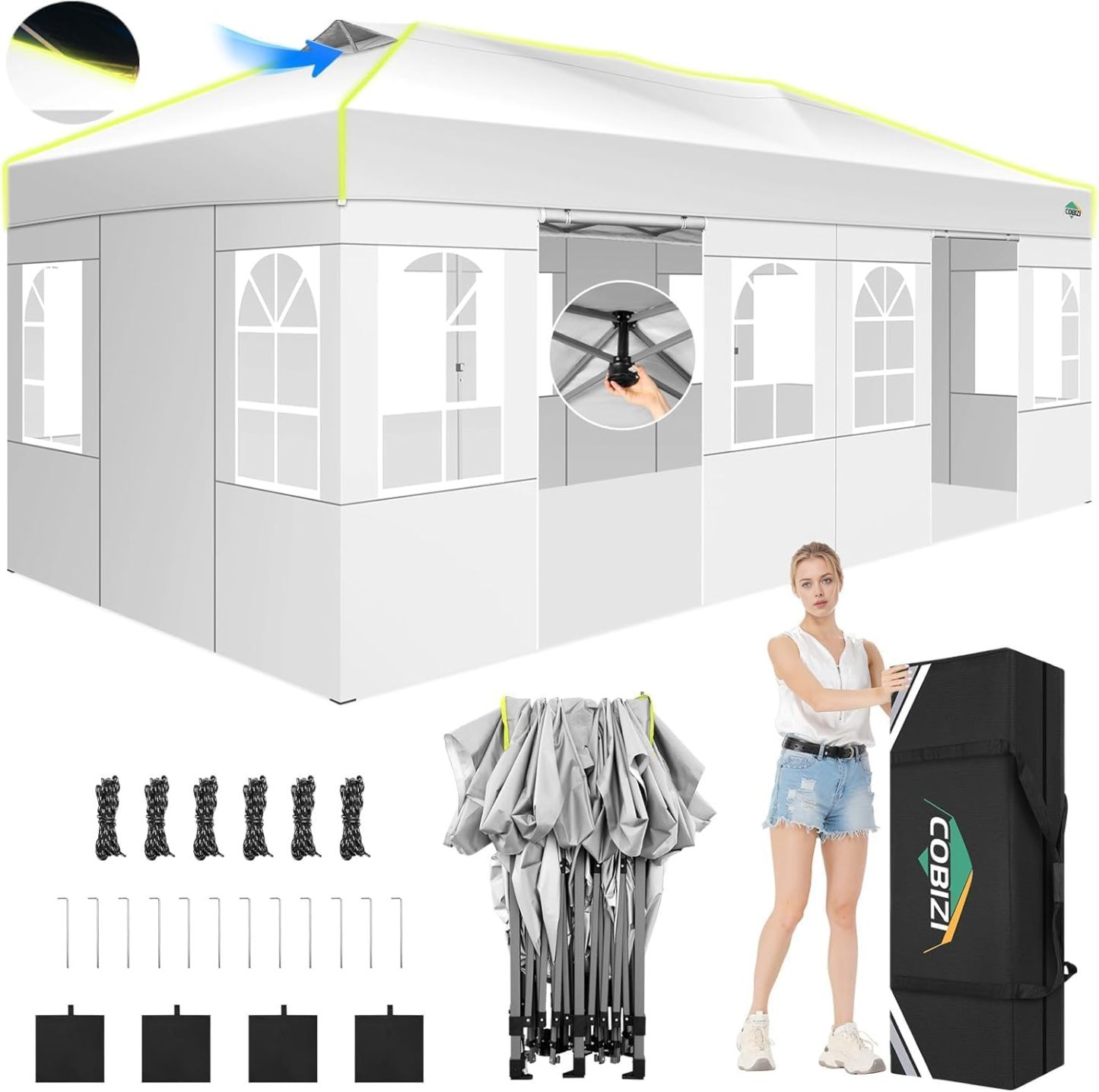 COBIZI - Tienda de campaña desplegable de 10 x 20 Pulgadas, Tienda de campaña instantánea Comercial para Bodas, Fiestas con 3 Altura Ajustable, toldo Ez Up para Exteriores, Impermeable, UPF50+ con