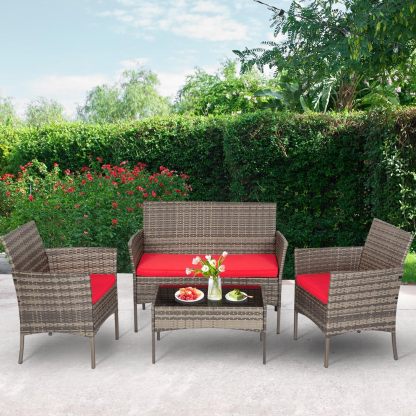 FDW - Juego de 4 muebles para exteriores, juego de conversación de mimbre con silla de ratán, mesa de centro para exteriores, interiores, jardín, patio, porche, terraza, balcón, cojines de mimbre