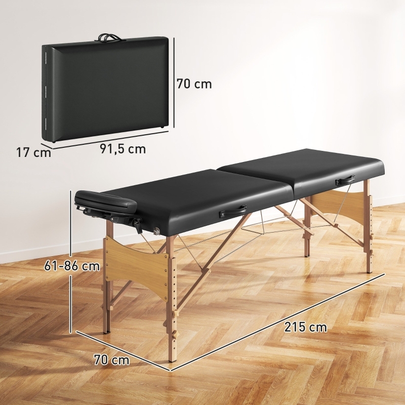 Homcom banco de masaje móvil plegable 2 zonas, altura ajustable, 70 cm ancho con reposacabezas y patas de madera, cama para terapia o relajación cosmética negra, Configuración Profesional de Masaje,Mesa de Masaje Portátil,Muebles Ahorradores de Espacio,Di