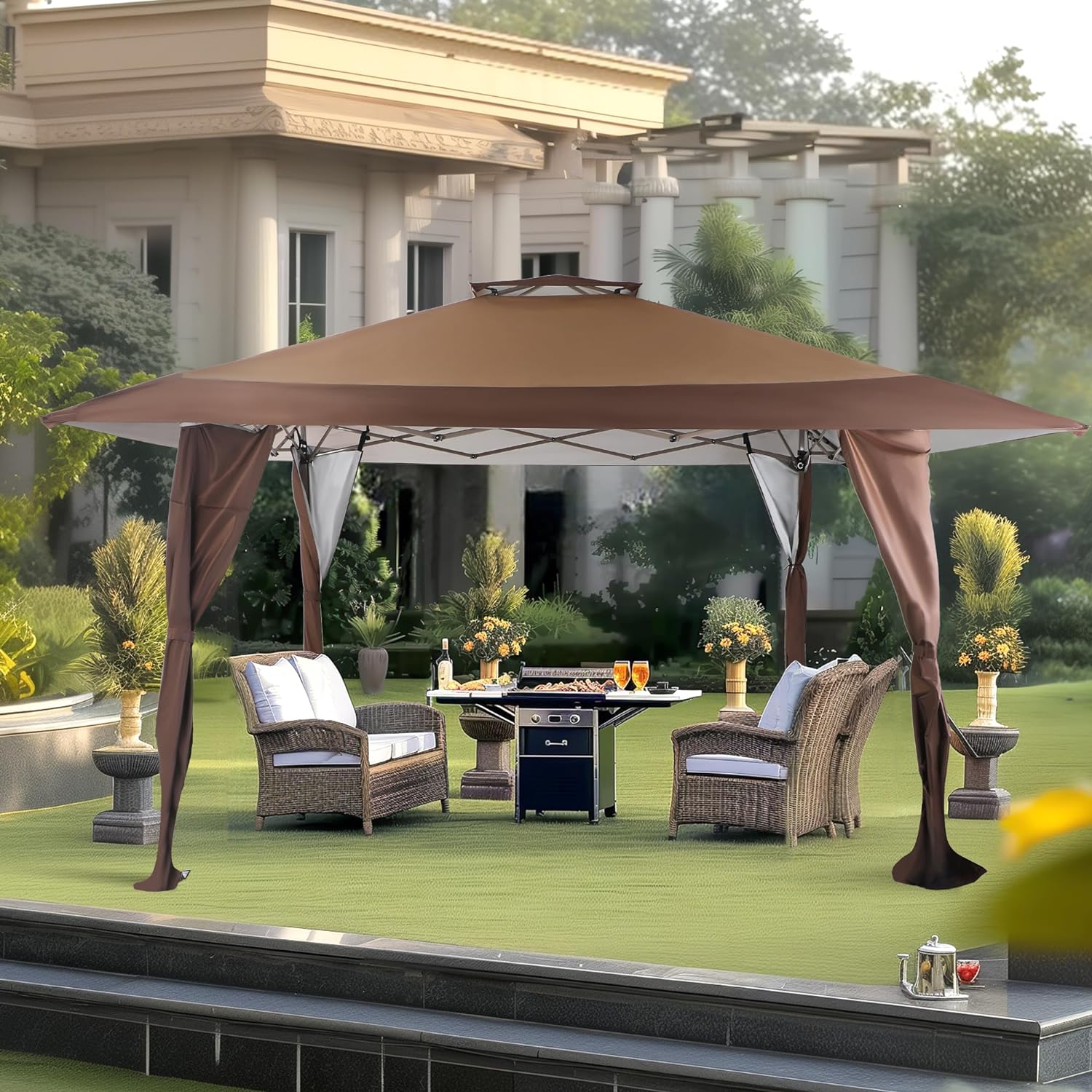 PHI VILLA - Toldo parasol con bloqueo UV de 4 x 4 m con kits de herramientas, pantalla de cenador para patio al aire libre, eventos de jardín-toallita mágica esponja