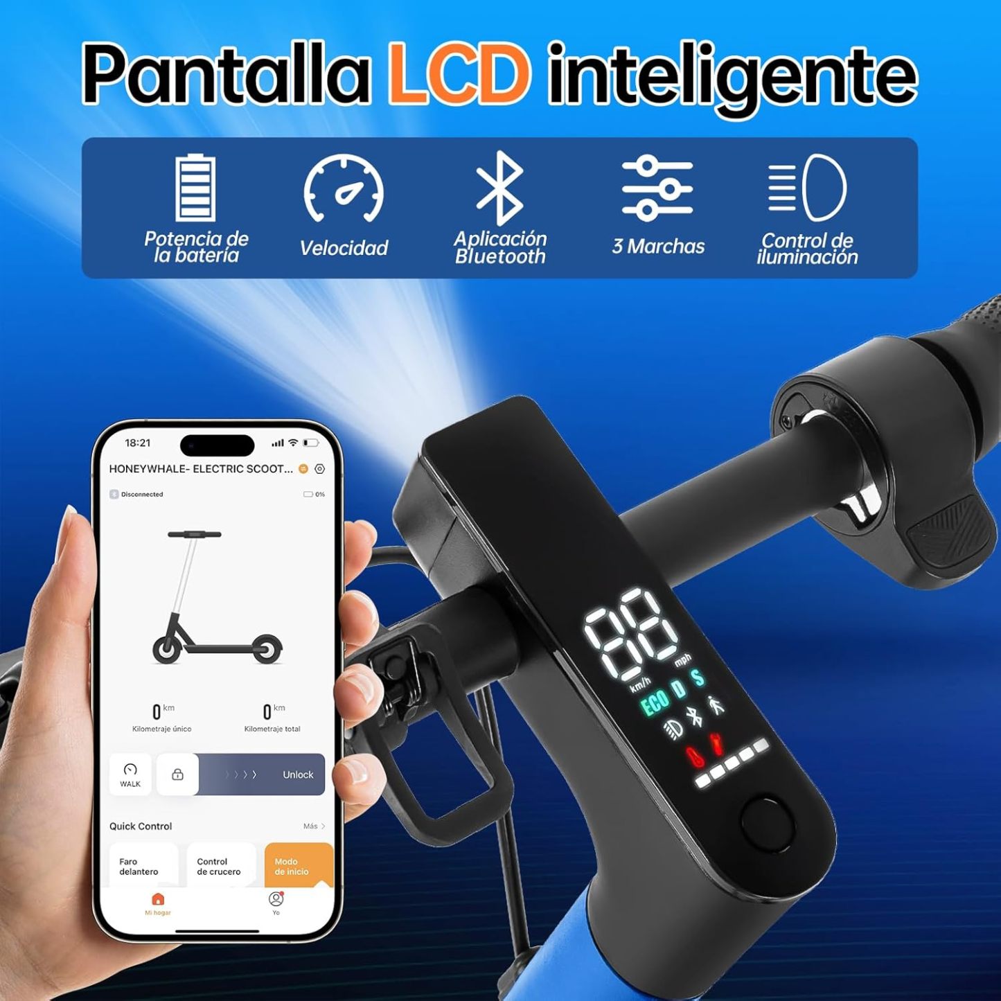 HONEYWHALE M2 Pro Scooter Eléctrico Plegable para Adultos, Motor de 500 W de Potencia Máxima, 22km con una Carga Completa, Velocidad Máxima 32km/h, Patin Eléctrico con App Control Bluetooth