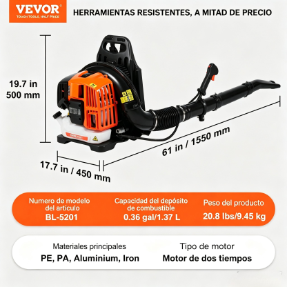 VEVOR - Soplador de Hojas de Gas de 79 CC, soplador de Mochila de Gas de 2 ciclos con Tanque de Combustible de 3 litros, Volumen de Aire de 930 CFM, Velocidad de 184 mph, Ideal para el Cuidado del