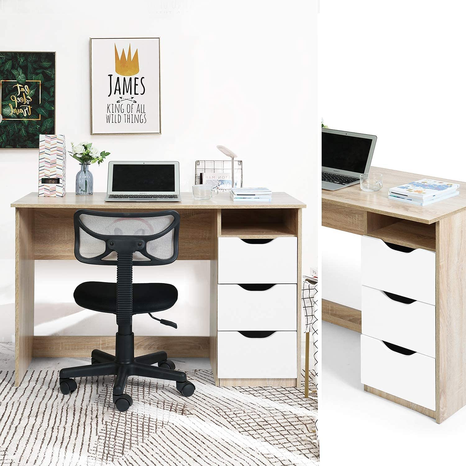 FurnitureR Escritorio para Computadora de Oficina con Almacenamiento Escritorio de Trabajo y Estudio con 5 Estantes Mesa Portátil para Estudiantes Escritorio de Escritura Moderno Haya y Blanco