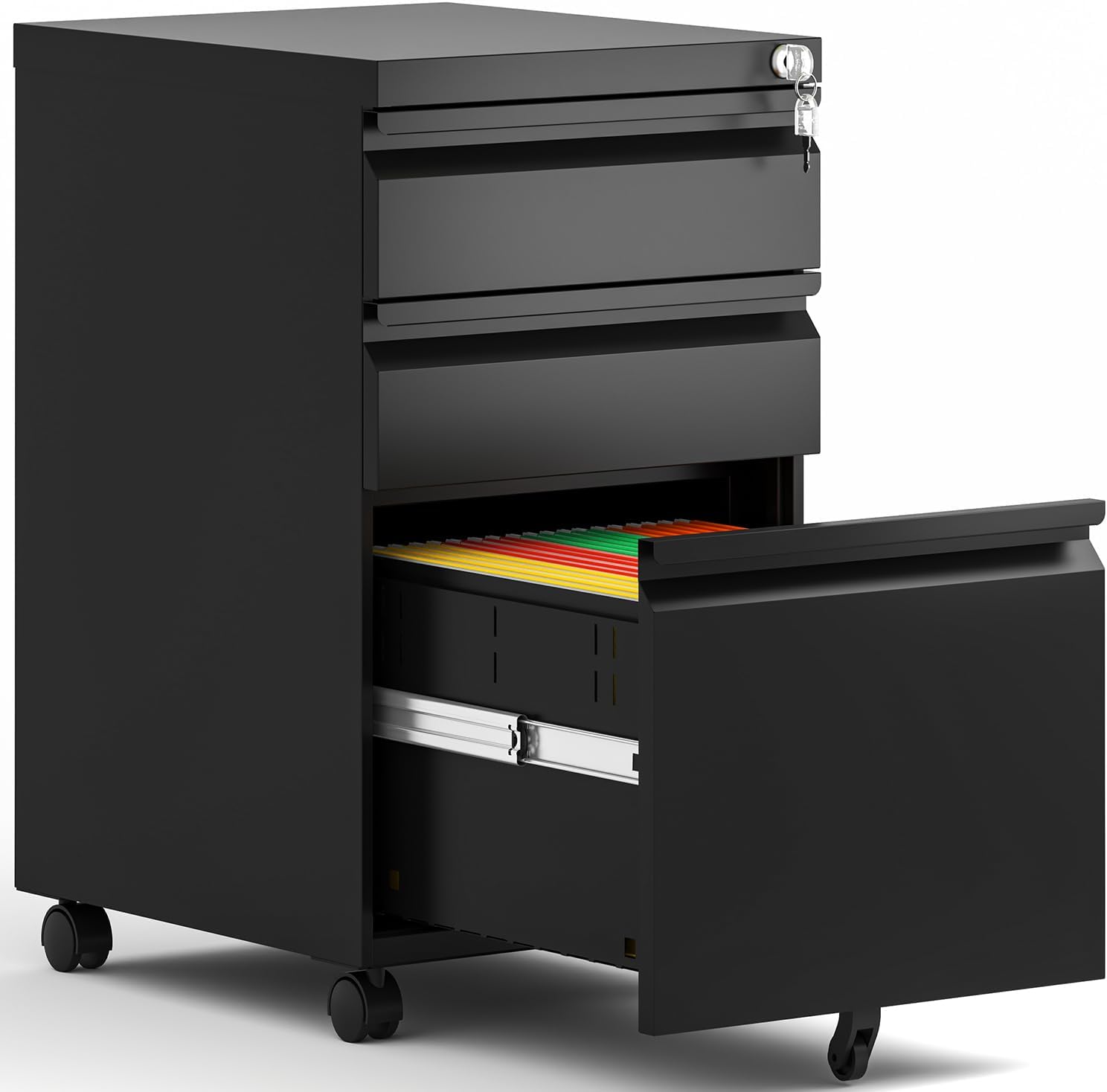BIZOEIRON - Archivador móvil de 3 cajones, archivador de metal debajo del computadora con cerradura y ruedas, archivador rodante para oficina en casa, legal/letra/archivo A4 (negro)