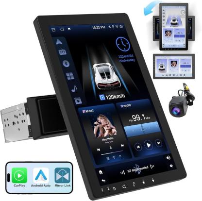 Autorradio Haudio 2026 de 10,1" con pantalla táctil giratoria, formato DIN simple: Android 13, CarPlay/Android Auto inalámbrico, procesador de 4 núcleos, 2 GB + 32 GB, navegación GPS, sonido Hi-Fi, Bluetooth 4.2, cámara de visión trasera AHD (montaje vert
