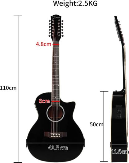 Jidyous-41 Inch,4/4,Guitarra Electroacústica 12 cuerdas,con Funda Acolchada, afinadores, Tirantes de guitarra,cuerdas, paletas, capó, adecuada para adultos jóvenes de nivel medio (Black)