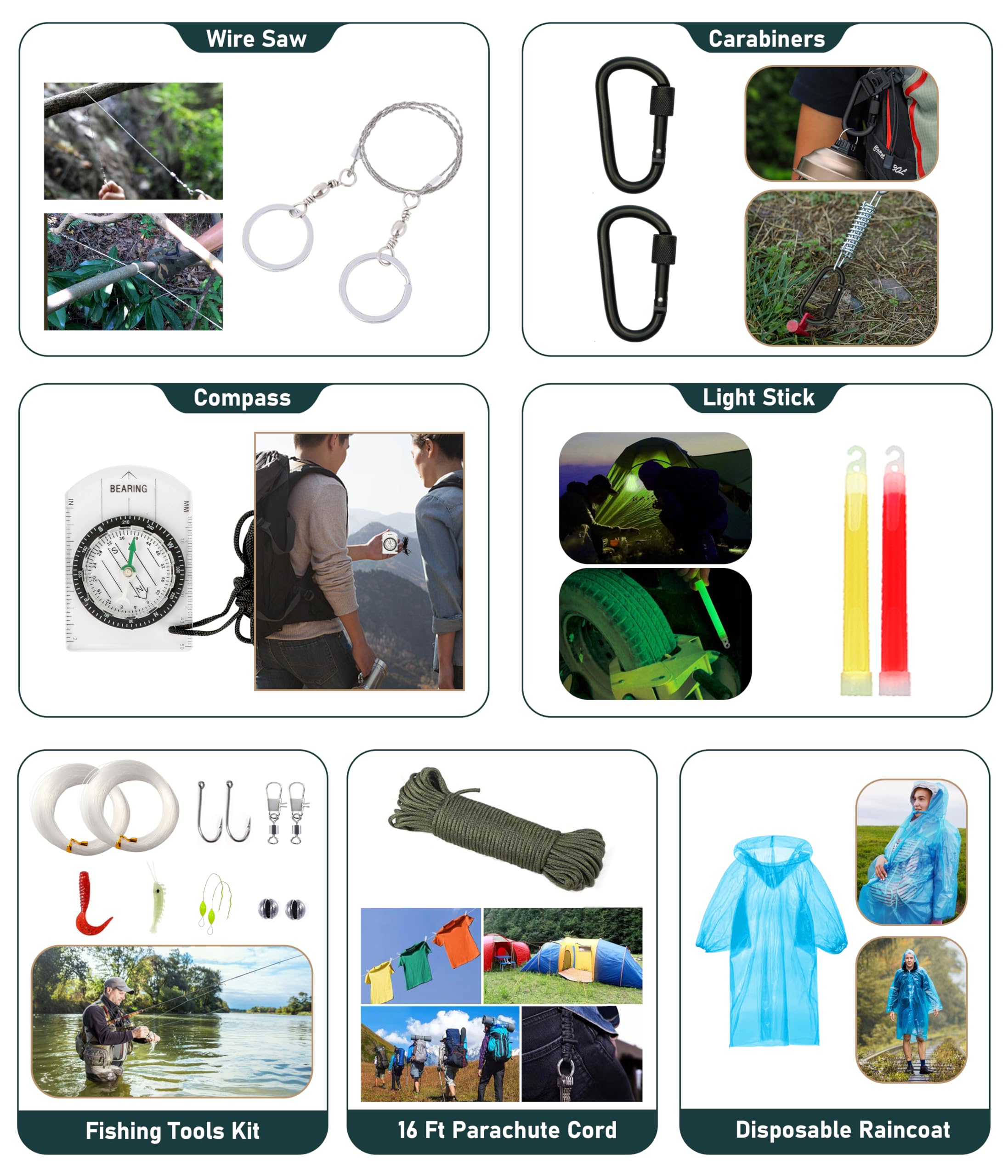 Kit de supervivencia, 262 piezas de equipo de supervivencia y suministros con bolsa de primeros auxilios y bolsa cruzada, kit de emergencia con tienda, martillo de hacha de campamento, pala de