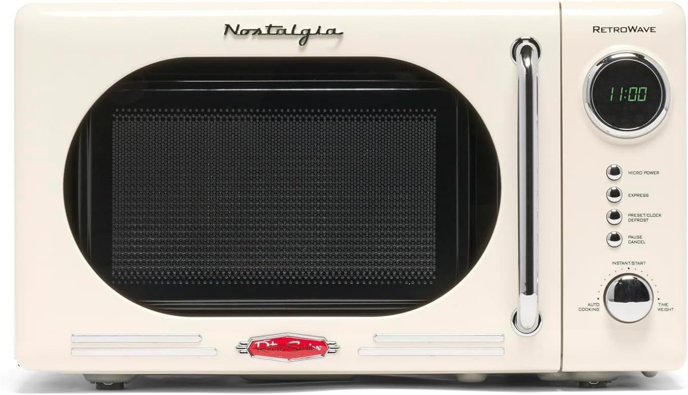 Nostalgia - Horno de microondas retro para encimera de mediados de siglo, tamaño grande de 900 W, 0.9 pies cúbicos, 8 ajustes de cocción preprogramados, reloj digital, electrodomésticos de cocina,