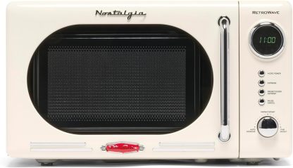 Nostalgia - Horno de microondas retro para encimera de mediados de siglo, tamaño grande de 900 W, 0.9 pies cúbicos, 8 ajustes de cocción preprogramados, reloj digital, electrodomésticos de cocina,