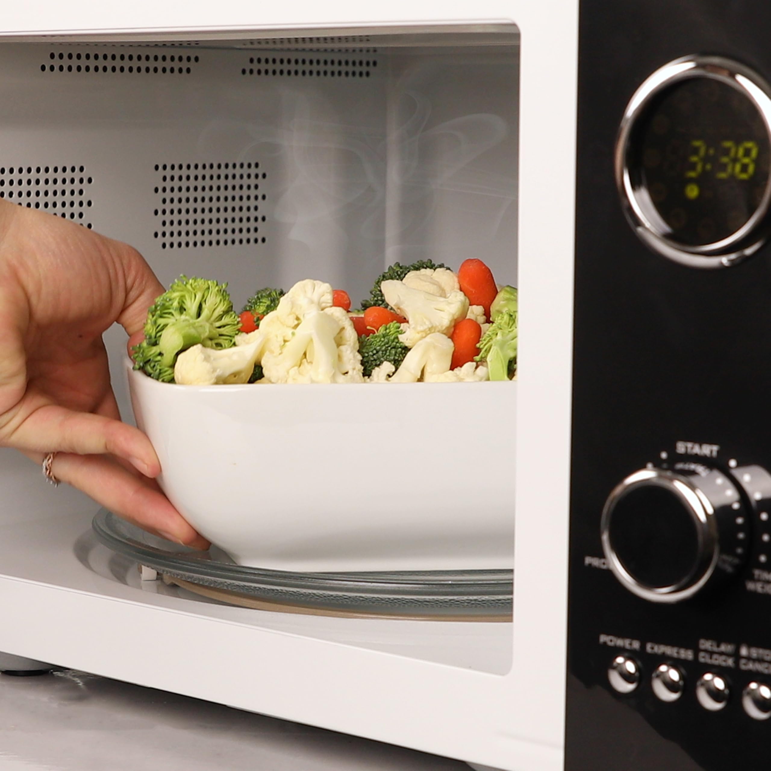 Nostalgia - Horno de microondas retro para encimera de mediados de siglo, tamaño grande de 900 W, 0.9 pies cúbicos, 8 ajustes de cocción preprogramados, reloj digital, electrodomésticos de cocina,