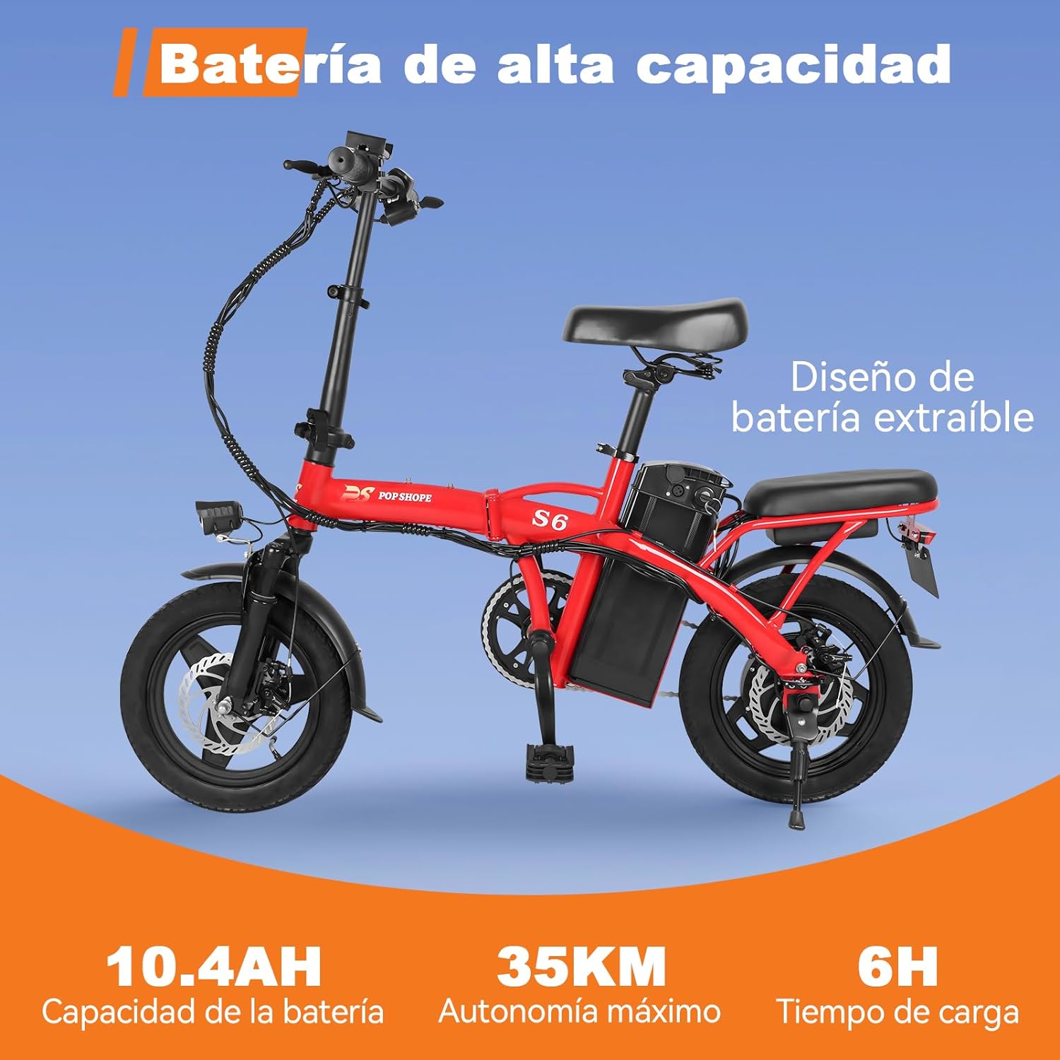 Pop Shope S6 Bicicleta Eléctrica Plegable para Adultos, Velocidad Máxima 35KM/H, Potencia Máxima del Motor 750W, Autonomía 35KM, Batería 48V/10.4AH