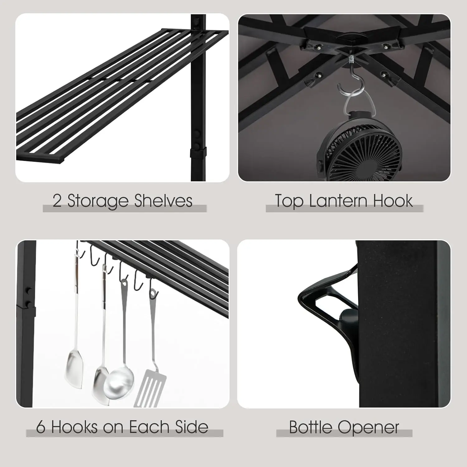 [Regalo para el Día de la Madre] Cenador para Parrilla con Toldo Lateral — Cenador de 2 Niveles para Barbacoa con Estantes, Ganchos Colgantes y Abrebotellas — Toldo Exterior para Parrilla (Ideal para Patio Trasero, Jardín o Zona de Piscina)