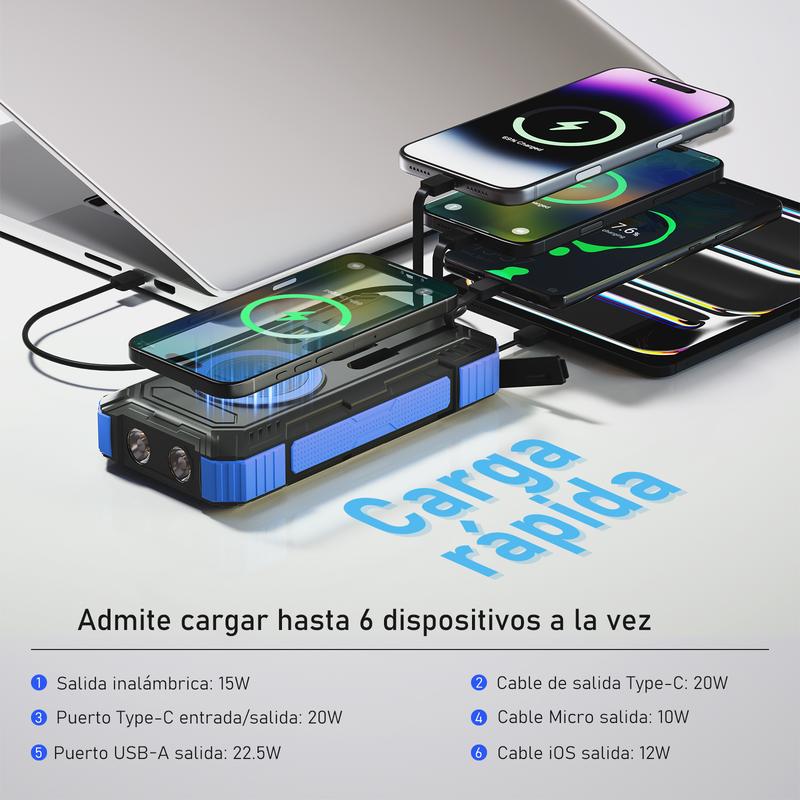 49800mAh Banco de energía solar portátil con carga rápida de 22.5W y carga inalámbrica de 15W, 4 cables integrados, 6 salidas y 2 entradas. Potente y versátil, ideal para viajes, campamentos y emergencias. banco de energía solar, energía portátil, tecnolo