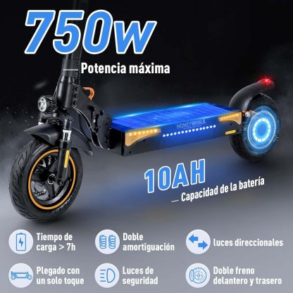 HONEYWHALE T4A Scooter Eléctrico Plegable para Adultos, Patin electrico con Motor de hasta 750W, Velocidad Máxima 40-45KM/H, Capacidad de la Batería 10AH, Autonomía 30-35KM（con Asientos）