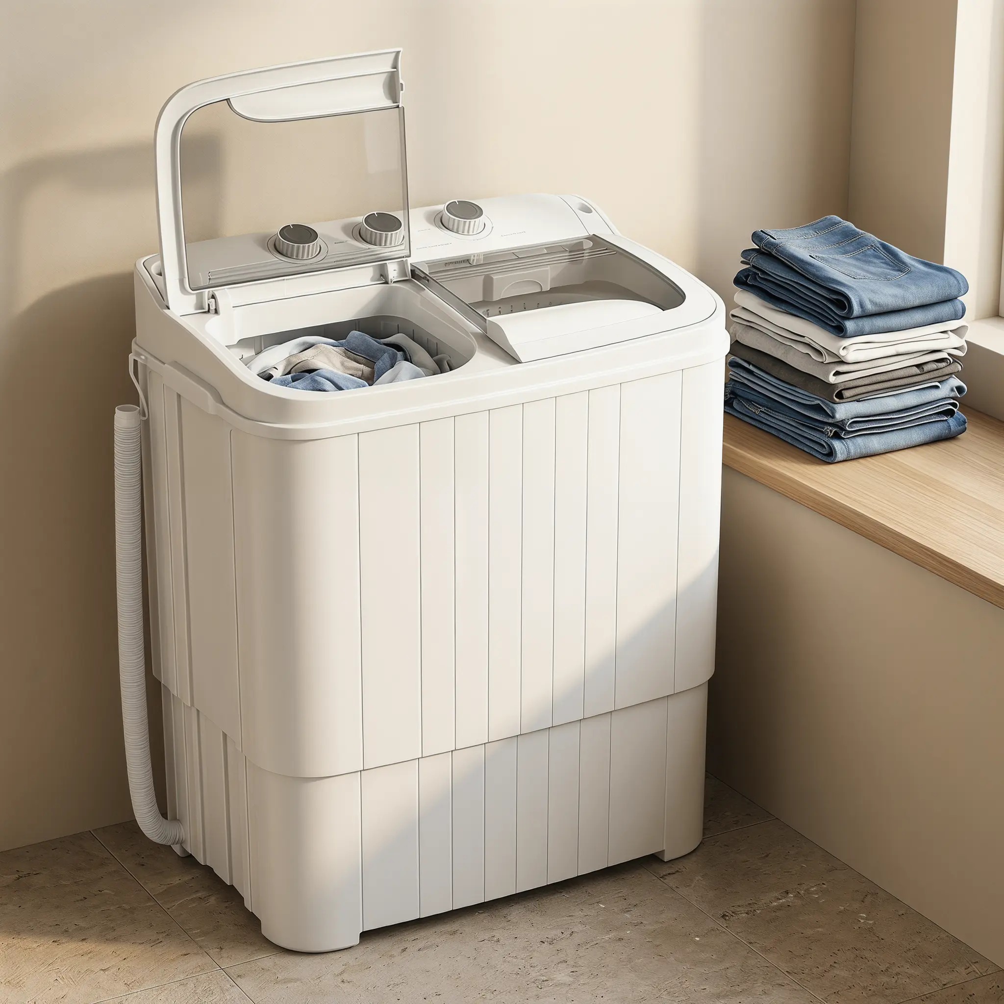 Lavadora semiautomática de doble tina (capacidad total de 16 lb: 9.6 lb de lavado + 5.4 lb de centrifugado); lavadora compacta ideal para apartamentos, dormitorios, casas rodantes, campamentos y uso doméstico diario.