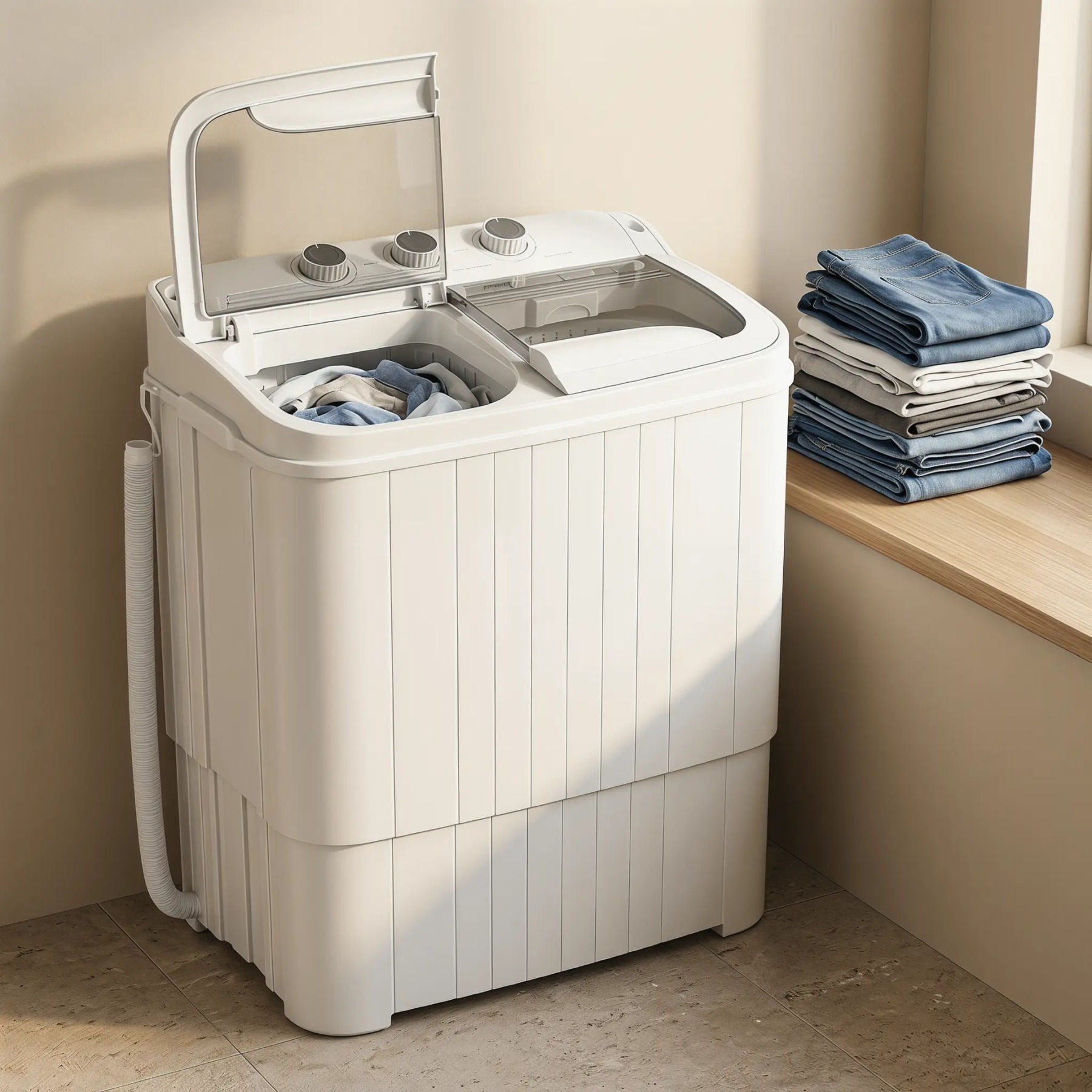 Lavadora semiautomática de doble tina (capacidad total de 16 lb: 9.6 lb de lavado + 5.4 lb de centrifugado); lavadora compacta ideal para apartamentos, dormitorios, casas rodantes, campamentos y uso doméstico diario.
