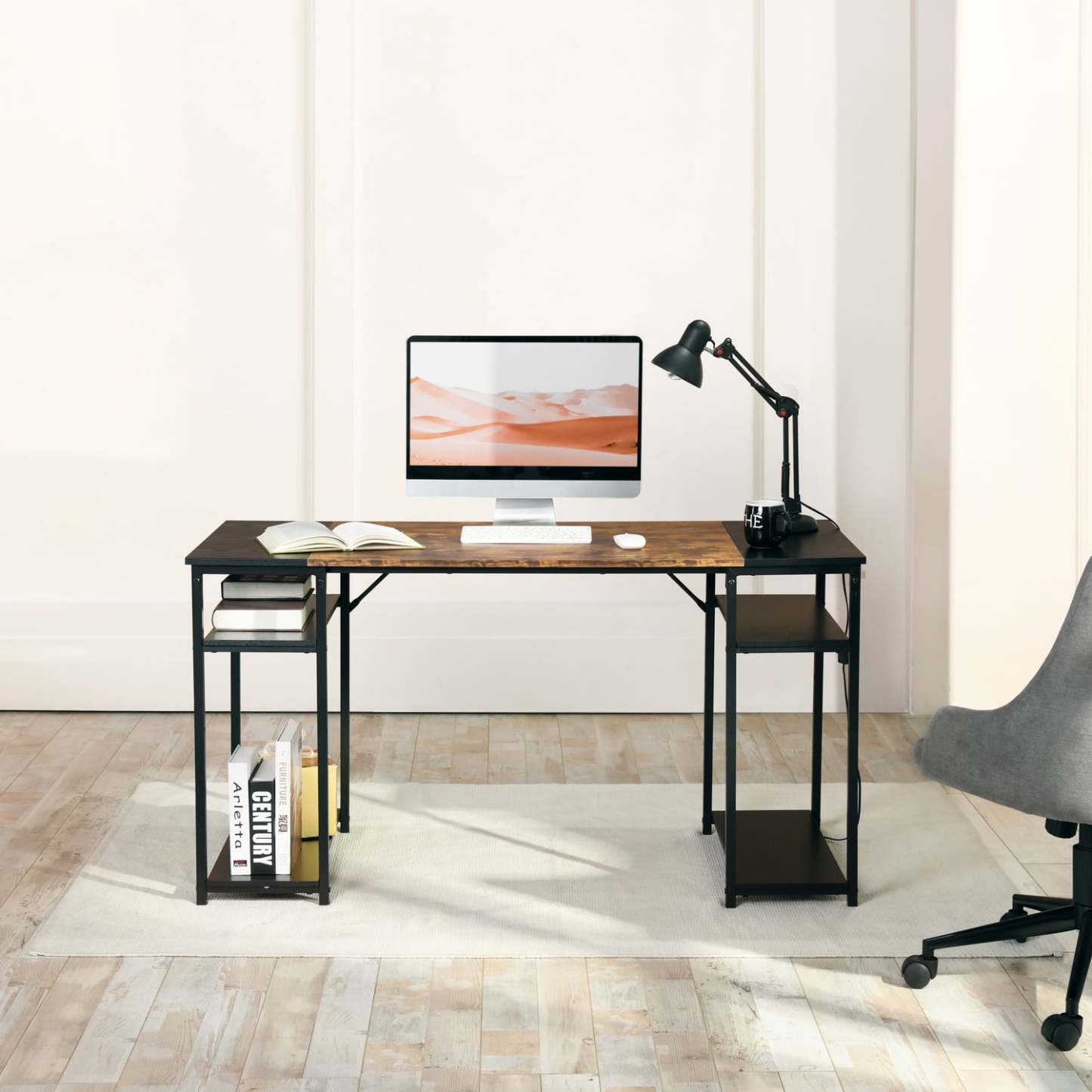 Escritorio Grande 140cm Color Madera con Negro,con Bolsa de Almacenamiento