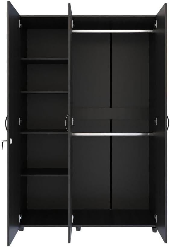 MADERKIT | Ropero Bilbao 120 cm Ancho | Tamaño Mediano | Color Wengue | 3 Puertas y Llave de Seguridad | Mueble Listo para armar | Estantes y Tubos para Colgar (Wengue)