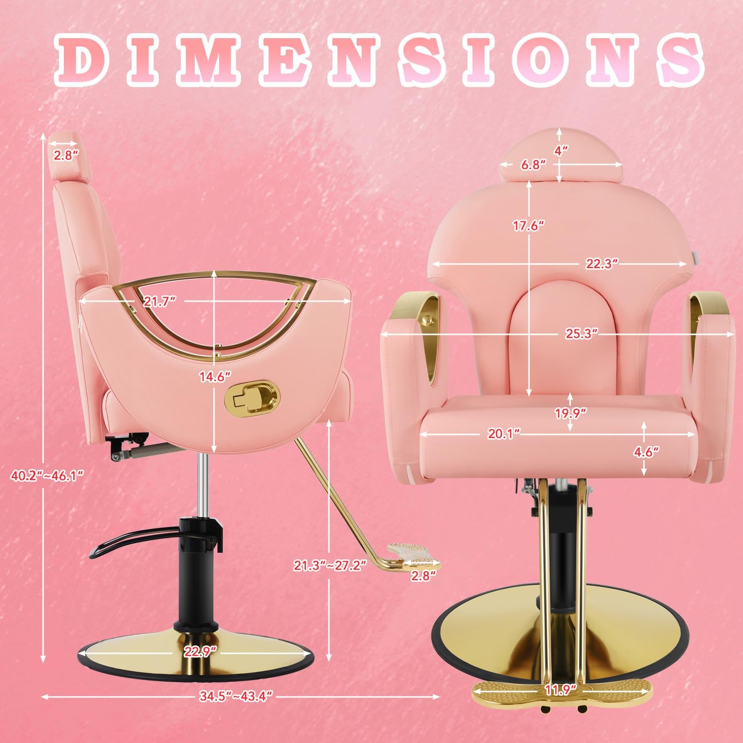 Silla de peluquero de salón, silla reclinable para peluquero, silla de peluquería con bomba hidráulica resistente, silla de peluquería giratoria de 360 grados para peluquería en casa, color rosa
