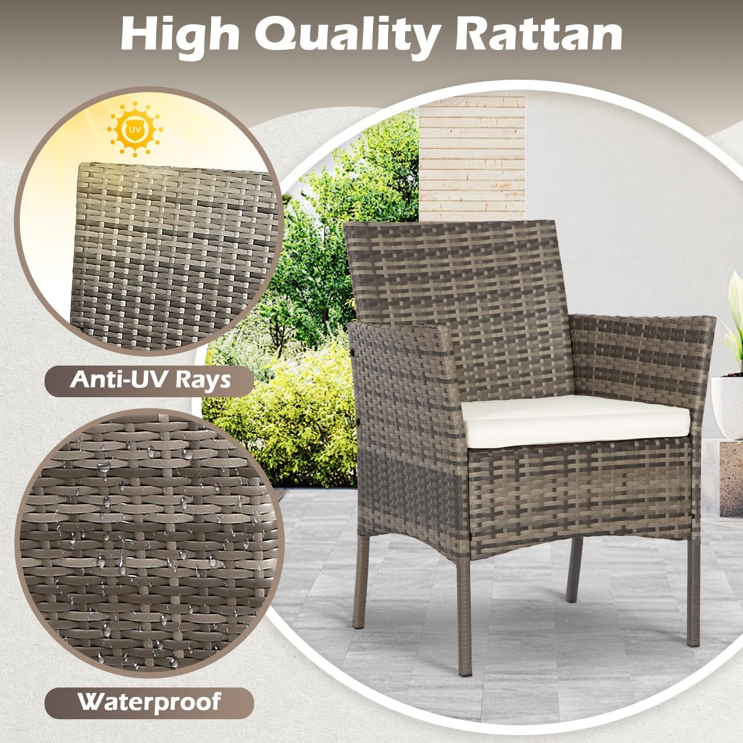 FDW - Juego de 4 muebles para exteriores, juego de conversación de mimbre con silla de ratán, mesa de centro para exteriores, interiores, jardín, patio, porche, terraza, balcón, cojines de mimbre