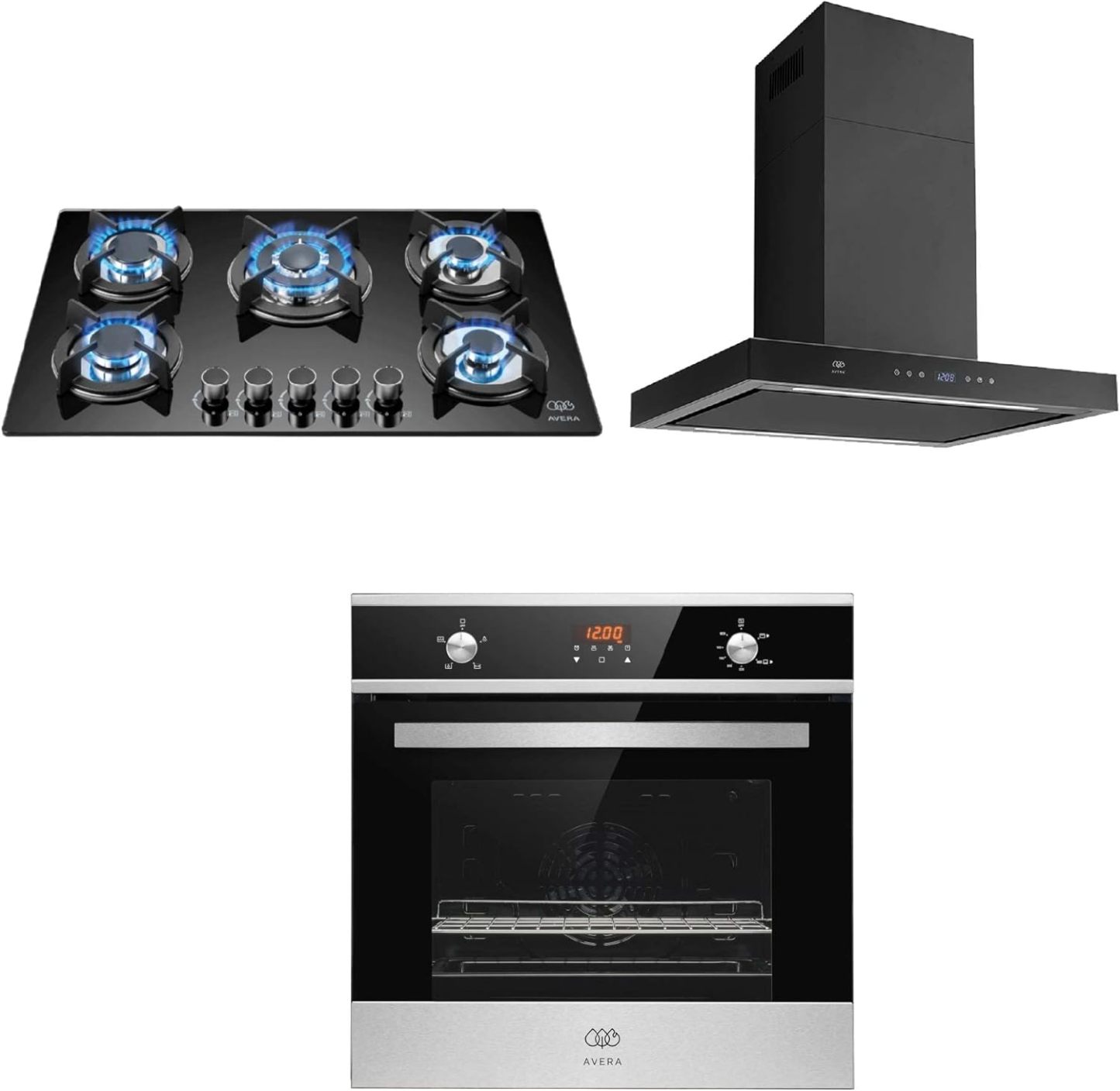 Combo Parrilla de Gas 5 Quemadores VT5, Campana Cocina para Isla 76 cm CEN76C, Horno de GAS NATURAL Empotrable HE01NAT AVERA