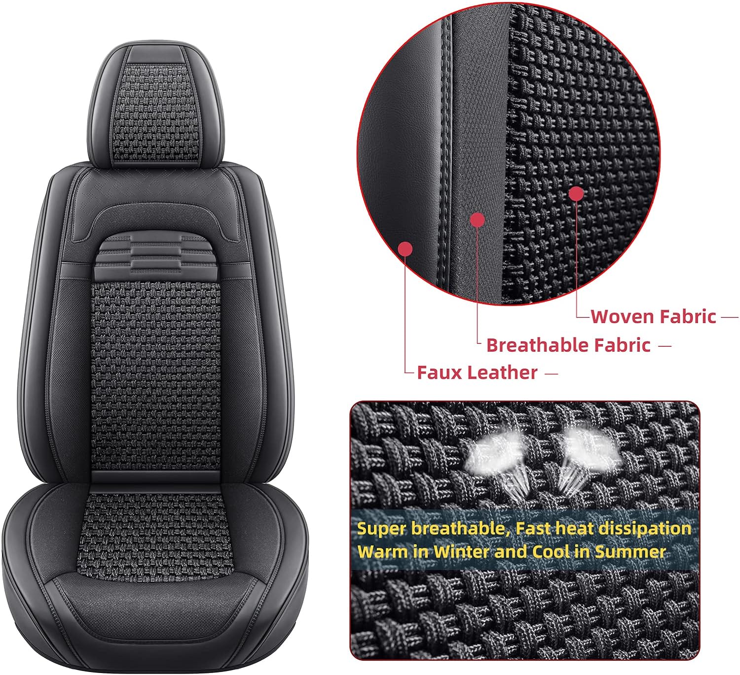 hikeaglauto Juego completo de fundas de asiento de coche, de piel sintética para autos, SUV, súper transpirables, universales, para la mayoría de los sedanes (juego completo, negro)