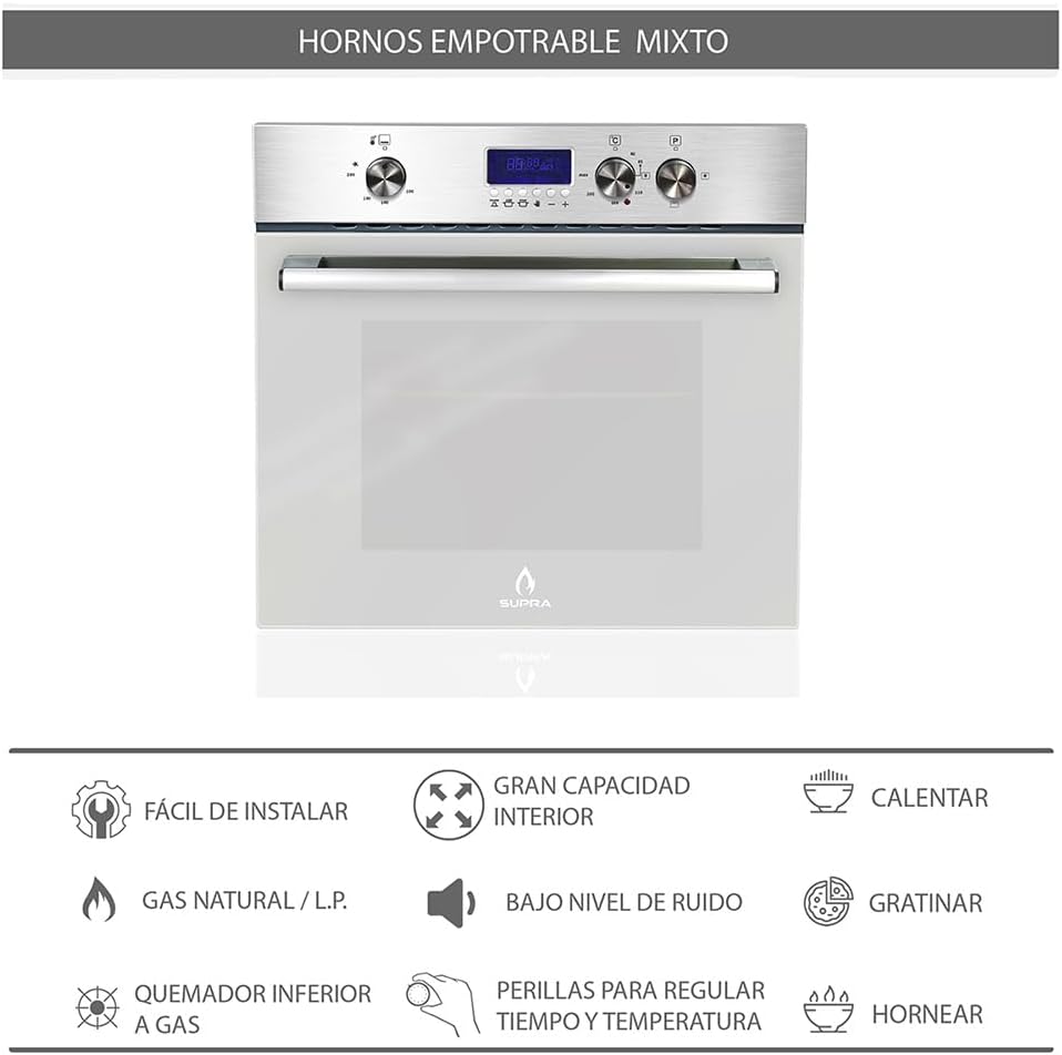 SUPRA Tricombo empotrable Zenit, Parrilla a gas de 5 quemadores para empotrar Mod. ZEGNA, Campana extractora de pared Mod. CC-76,Horno en acero inoxidable con cristal templado Mod. SILVER VORTEX