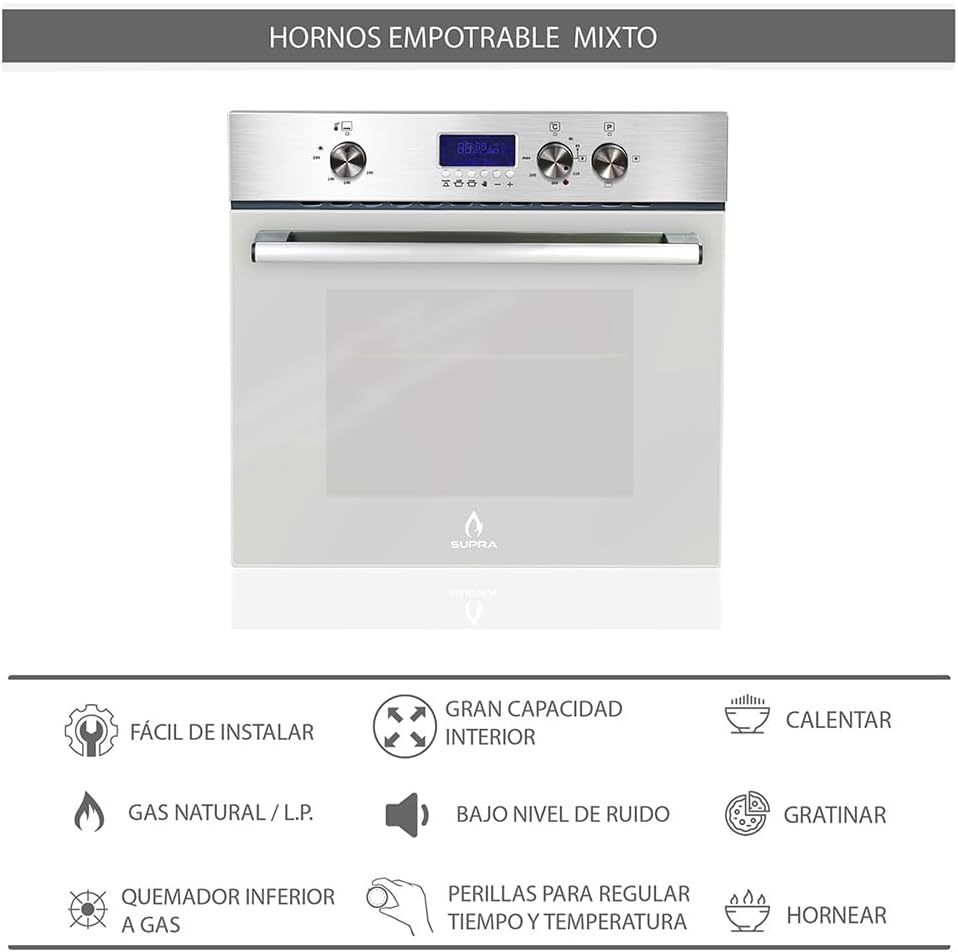 SUPRA Tricombo empotrable Zenit, Parrilla a gas de 5 quemadores para empotrar Mod. ZEGNA, Campana extractora de pared Mod. CC-76,Horno en acero inoxidable con cristal templado Mod. SILVER VORTEX