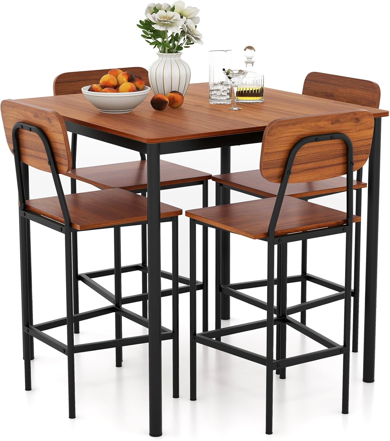 Juego de mesa de comedor de 5 piezas con mesa de altura y 4 taburetes de bar, juego de comedor industrial de cocina con reposapiés y respaldo, juego de comedor que ahorra espacio para pub,