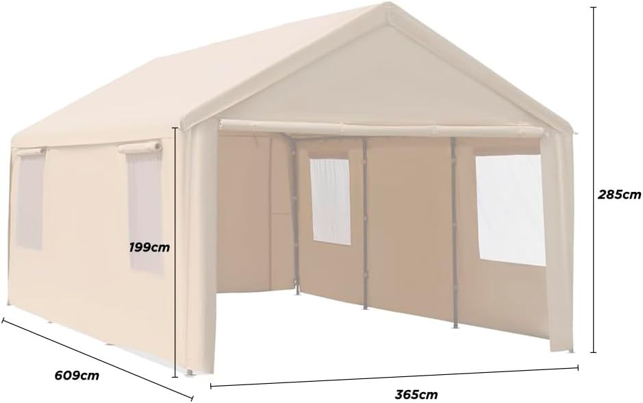 Carpa Armable para Auto 6x3 m con Paredes Laterales | Toldo Reforzado de Acero Galvanizado | Resistente al Sol y Lluvia | Ideal para Jardín, Eventos o Almacén | Fácil de Montar | Color Beige