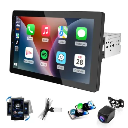 Reproductor multimedia para coche Haudio de 10,1 pulgadas (formato Single DIN) con pantalla giratoria compatible con CarPlay, chip inteligente integrado, CarPlay inalámbrico, Android Auto, cámara de visión trasera 1080p, función MirrorLink mediante pantal