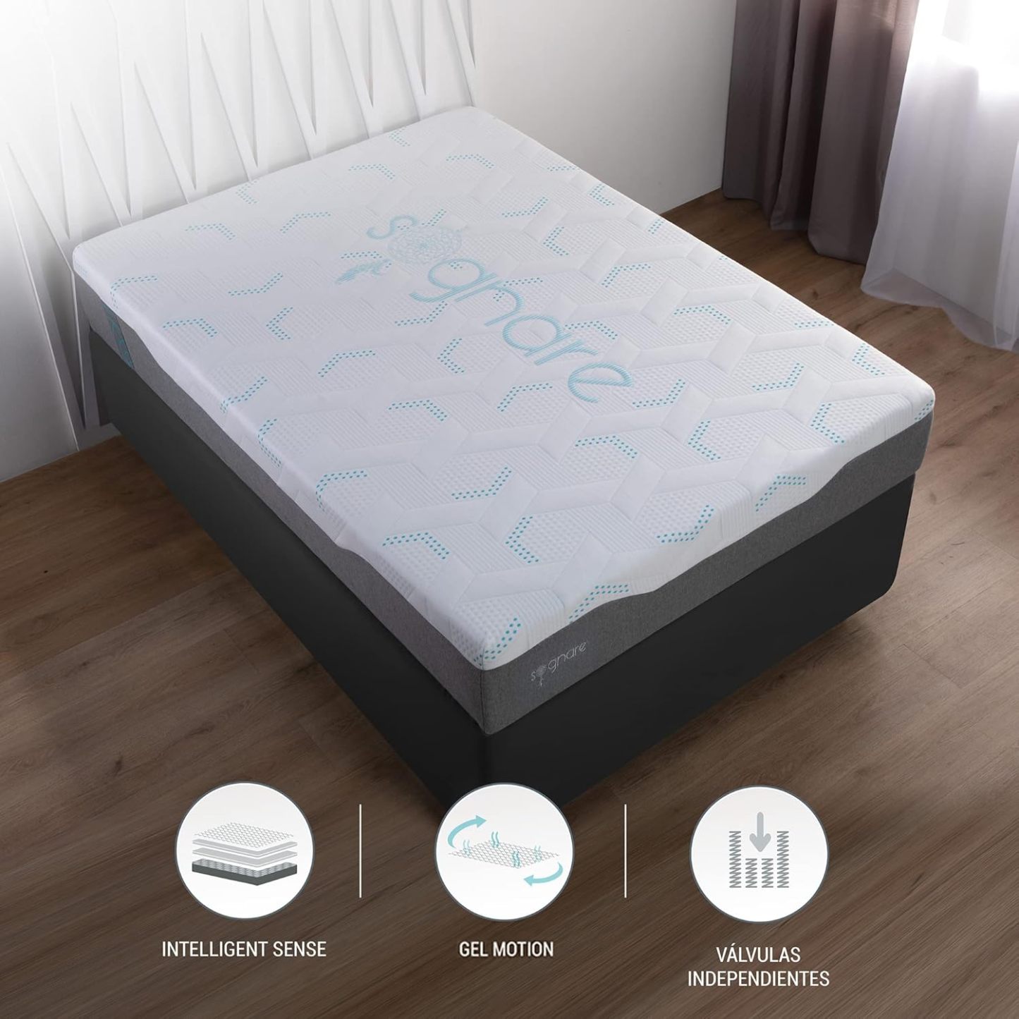 Sognare Sense Colchón Tamaño Queen Size, híbrido de Memory Foam y Gel, Densidad Semi Firme, Fresco con Funda Removible Lavable. 100 Noches de Garantía.