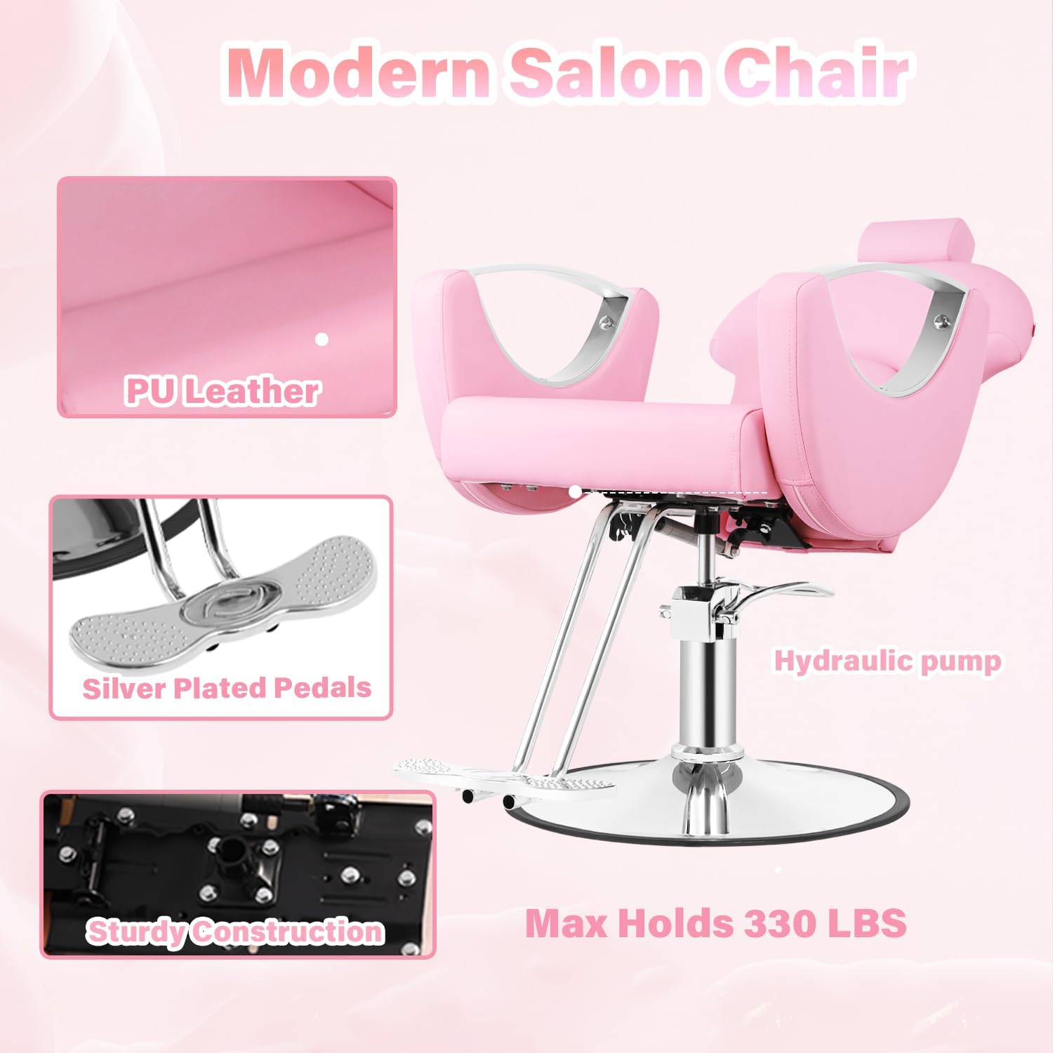 Silla de peluquero de salón, silla reclinable para peluquero, silla de peluquería con bomba hidráulica resistente, silla de peluquería giratoria de 360 grados para peluquería en casa, color rosa