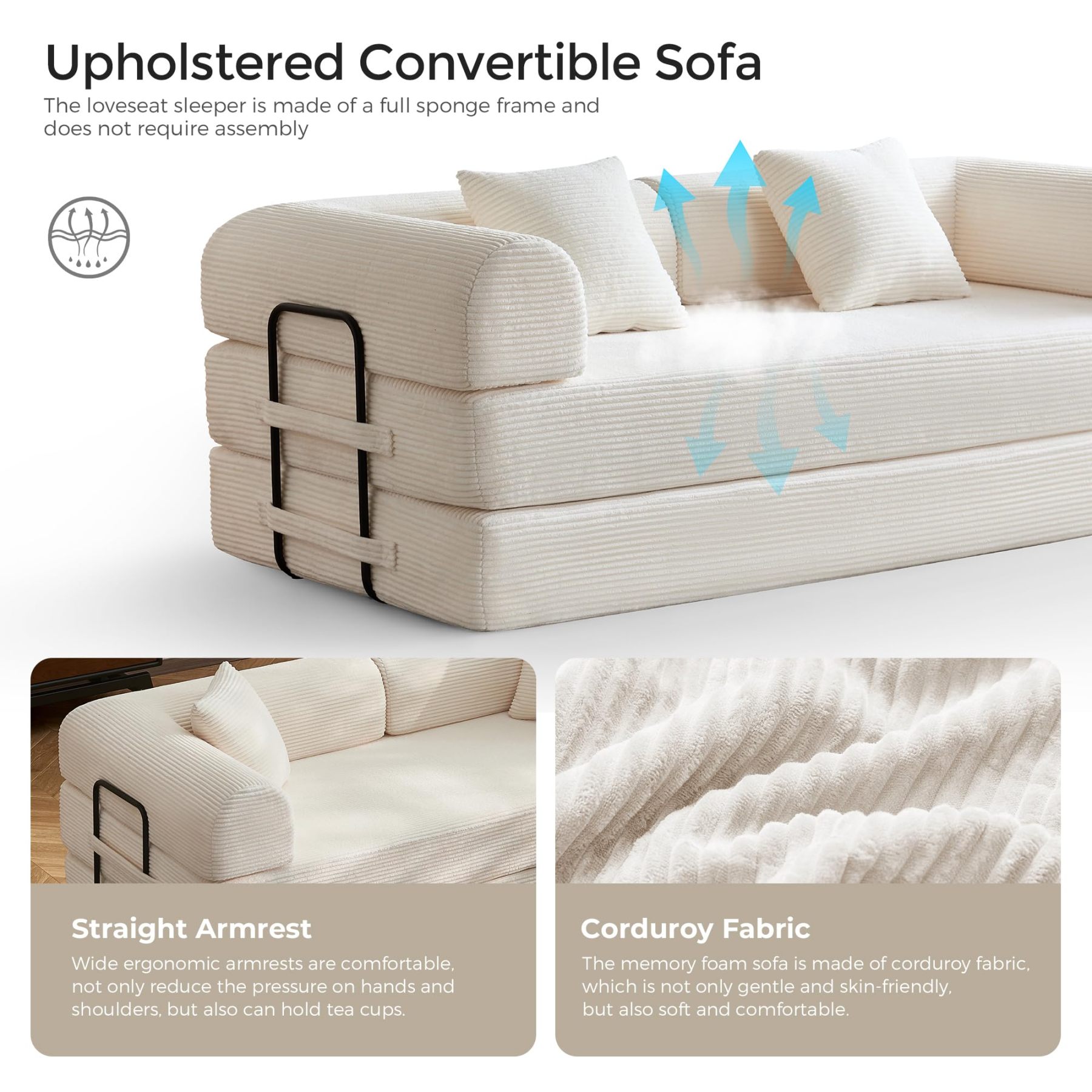 Sofá cama convertible de 79 pulgadas, sofá sin huesos, para sala de estar, gris oscuro