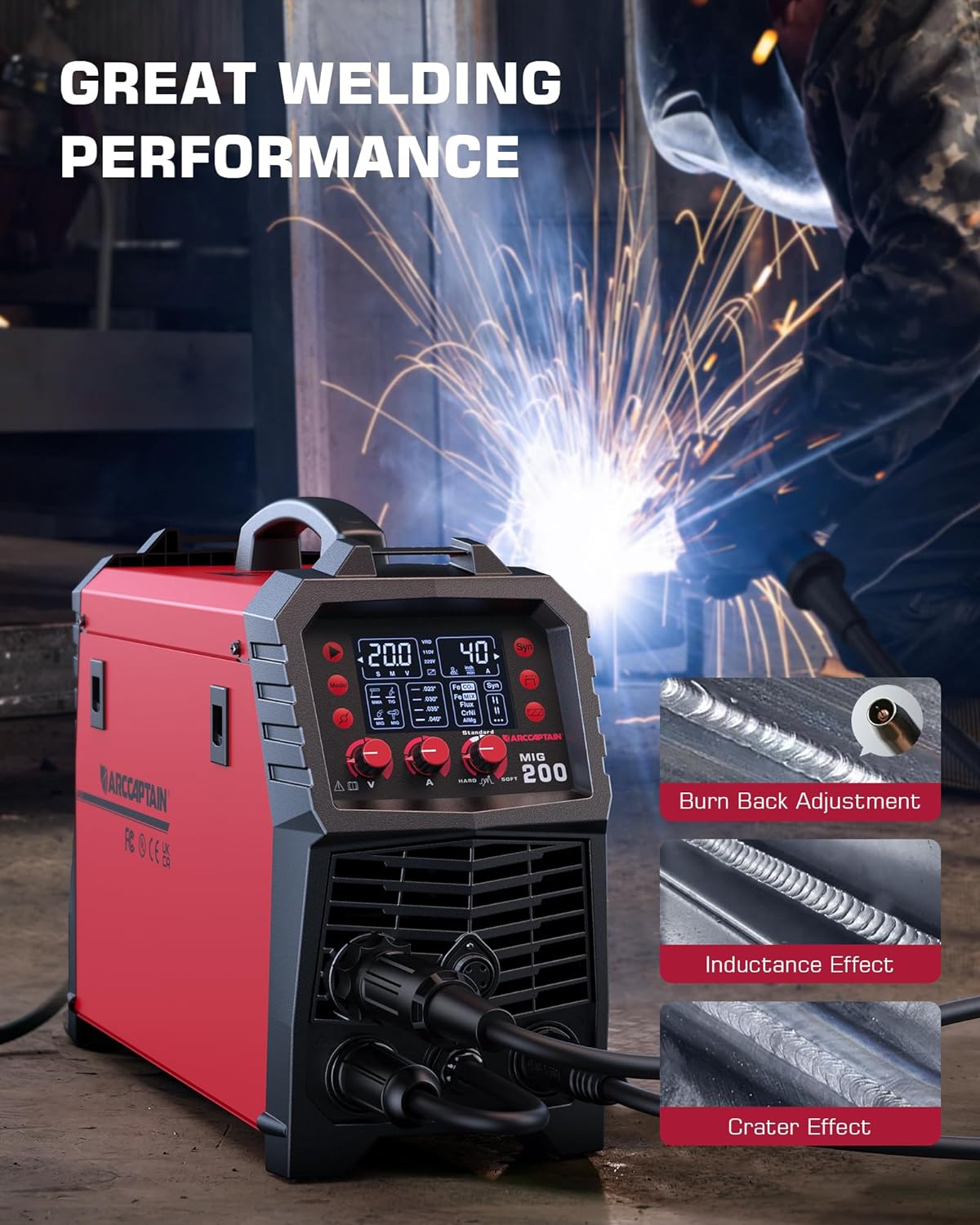 ARCCAPTAIN MIG Soldador, 200 amperios 6 en 1 gas MIG/núcleo de flujo sin gas MIG/Stick/Lift TIG/soldadura por punto/pistola de carrete 110 V/220 V de aluminio multiproceso máquina de soldadura con