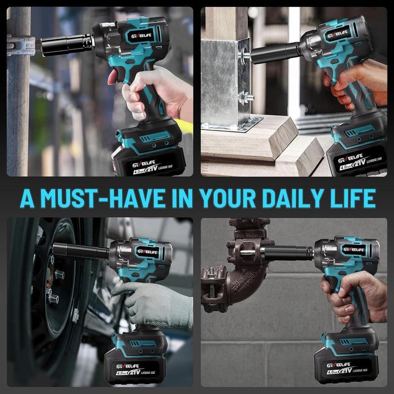 Llave de impacto sin escobillas GEVEELIFE 750Nm 3 en 1 de 1/2", inalámbrica, 3300 RPM, 2 baterías de 4.0 Ah, 6 vasos. Ideal para coches, bricolaje, muebles y cortacéspedes.