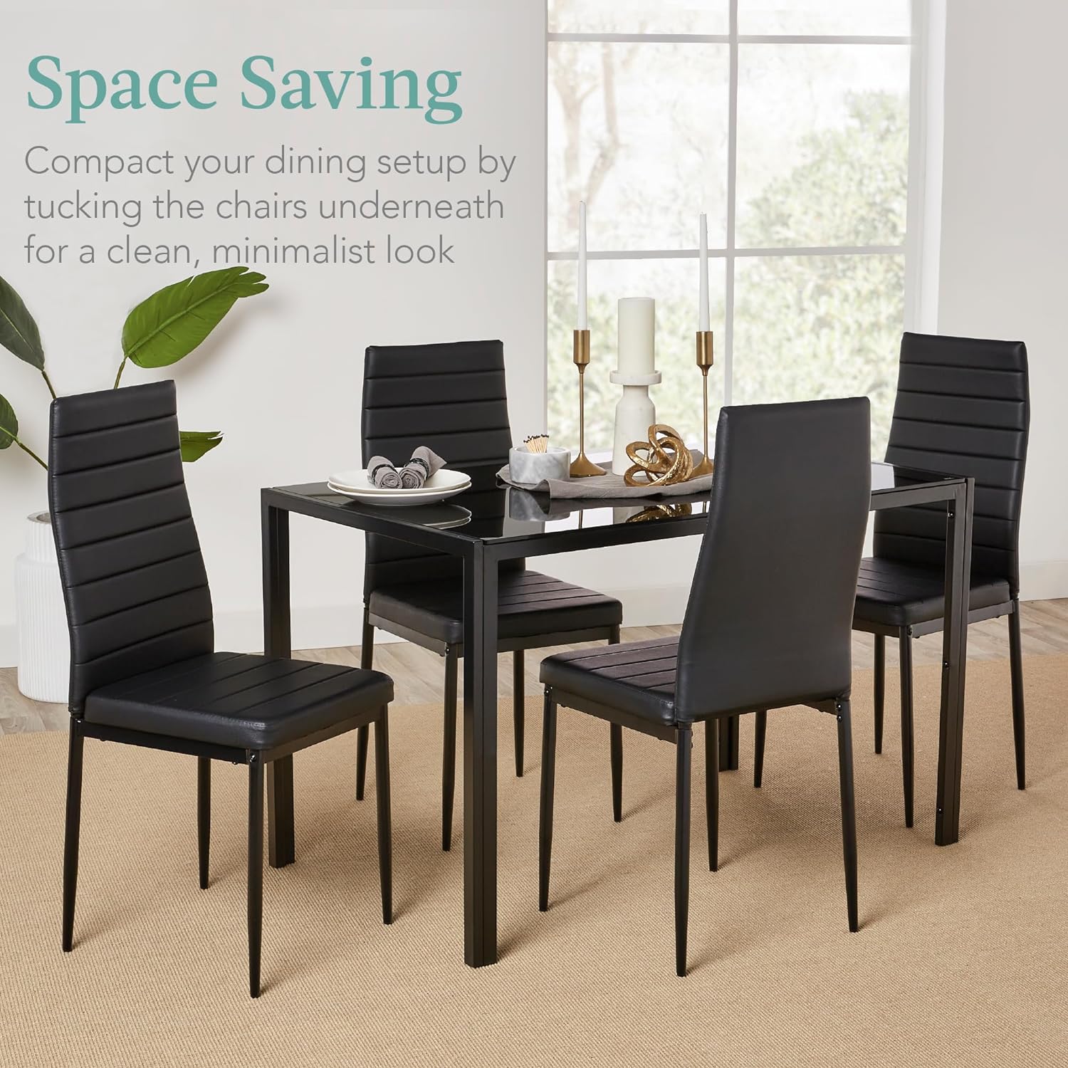 Best Choice Products - Juego de mesa de cocina y comedor de 5 piezas con tapa de cristal y 4 sillas de cuero Dinette, color negro
