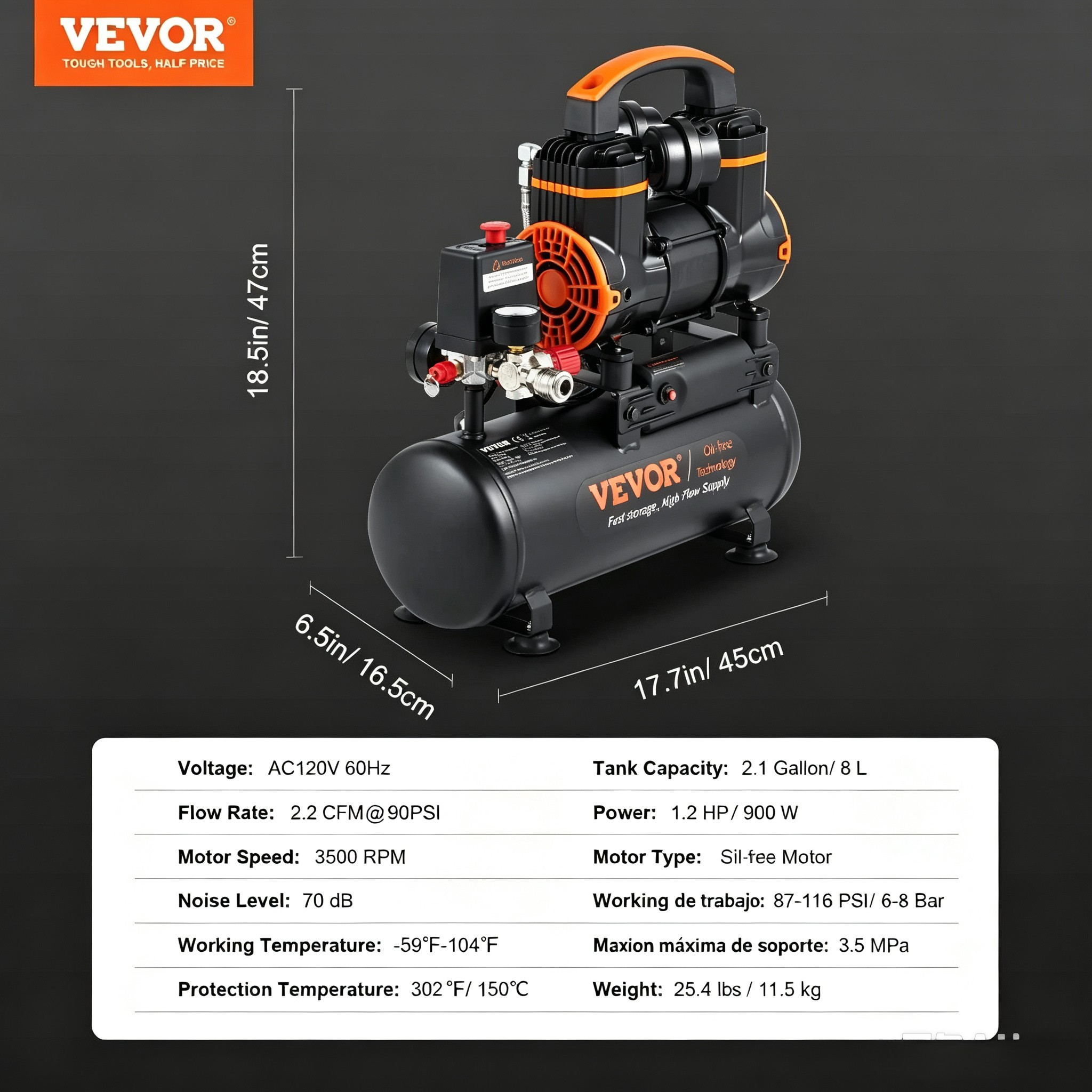 Compresor de aire VEVOR de 4.8 galones, 1.2 HP 2.2 CFM @90PSI tanque de compresor de aire última intervensión de aceite y máx. Compresor ultra silencioso de 70 dB de presión de 116 PSI para reparación