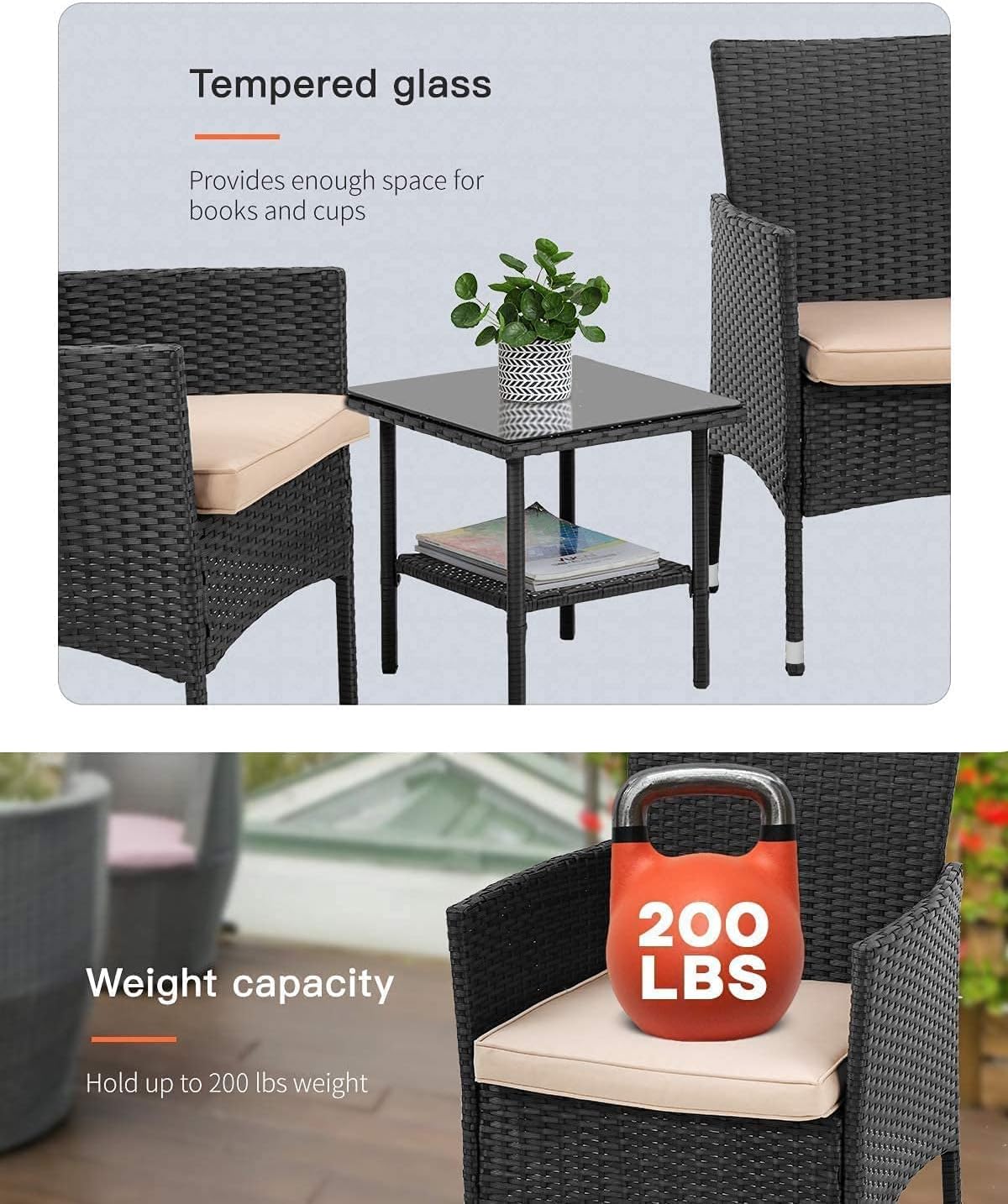 FDW - Juego de Muebles de Patio para Exteriores, Muebles de Mimbre para sillas de ratán con Mesa de Centro para Patio, Patio, césped, Porche, Piscina, balcón, Negro y Beige