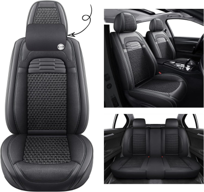 hikeaglauto Juego completo de fundas de asiento de coche, de piel sintética para autos, SUV, súper transpirables, universales, para la mayoría de los sedanes (juego completo, negro)