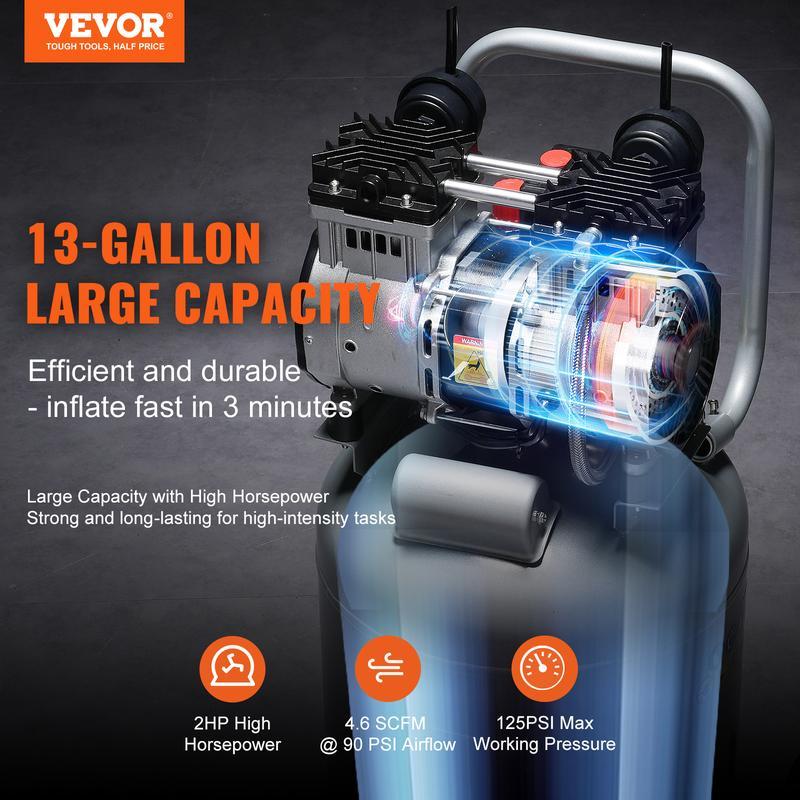 Compresor de aire VEVOR de 13 galones, 2 HP, 4.6 SCFM a 90 PSI, sin aceite, ultra silencioso (66 dB) para inflado de neumáticos, reparación de automóviles, clavado en carpintería y pintura con pistola (presión máx. de 125 PSI)