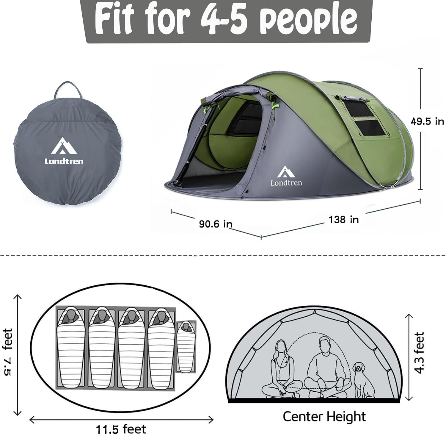 Tienda de campaña para 4 personas, fácil de desplegar e impermeable, configuración automática, 2 puertas, tiendas de campaña familiares instantáneas para camping, senderismo y viajes