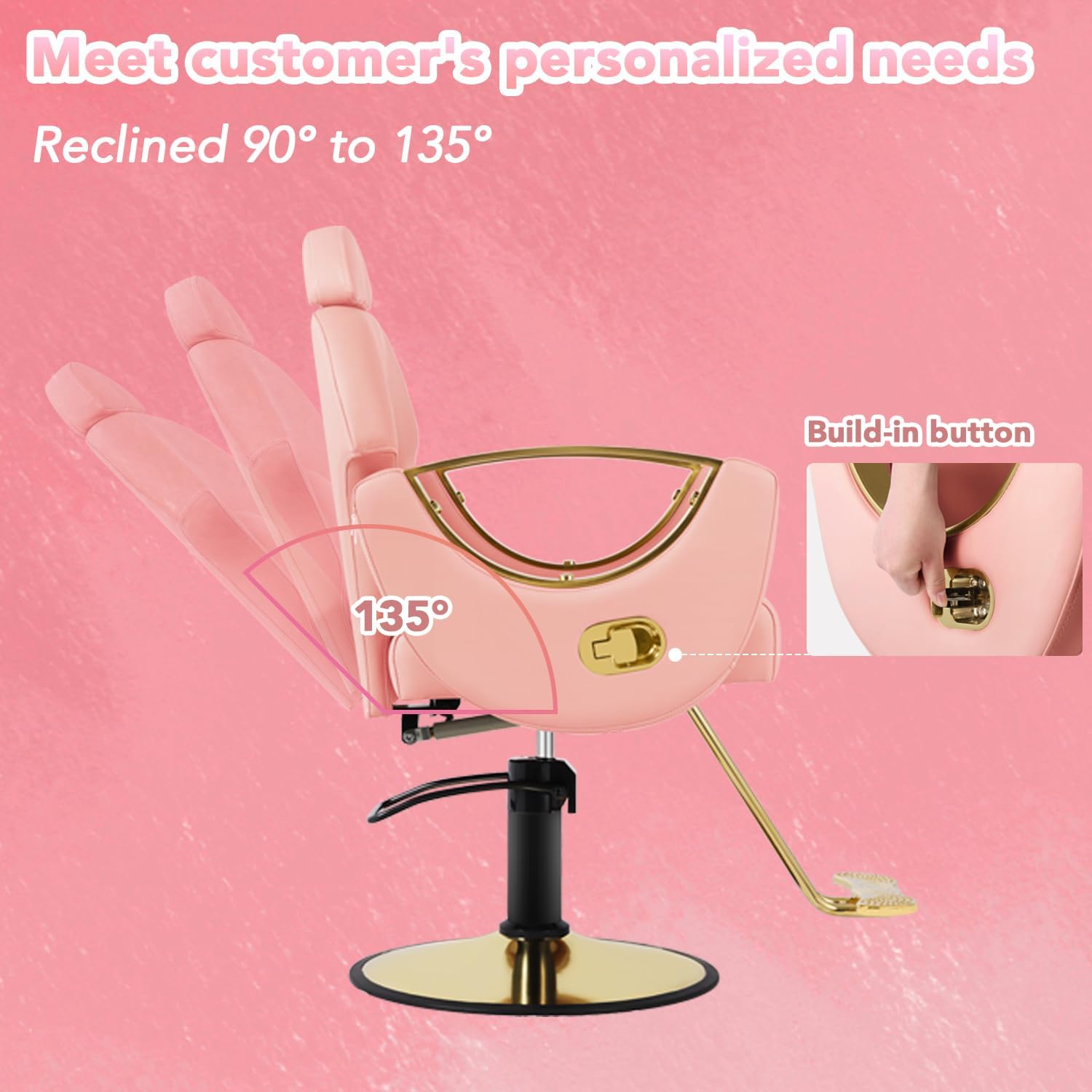 Silla de peluquero de salón, silla reclinable para peluquero, silla de peluquería con bomba hidráulica resistente, silla de peluquería giratoria de 360 grados para peluquería en casa, color rosa