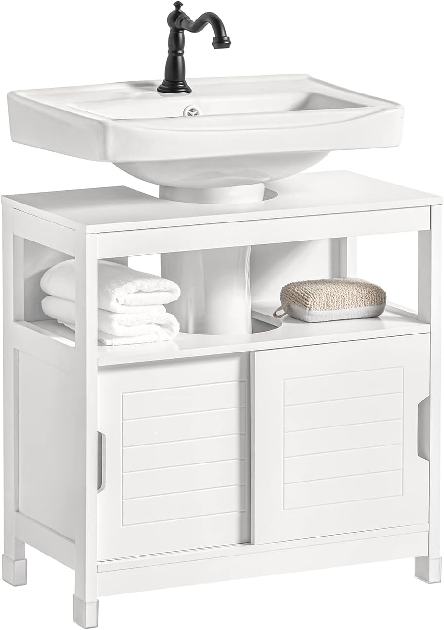 SoBuy Armario para Lavabo Mueble de Baño Debajo del Lavabo con 2 Puertas Armario de Suelo Lavabo para Baño con Mueble(Blanco FRG128-II-W)
