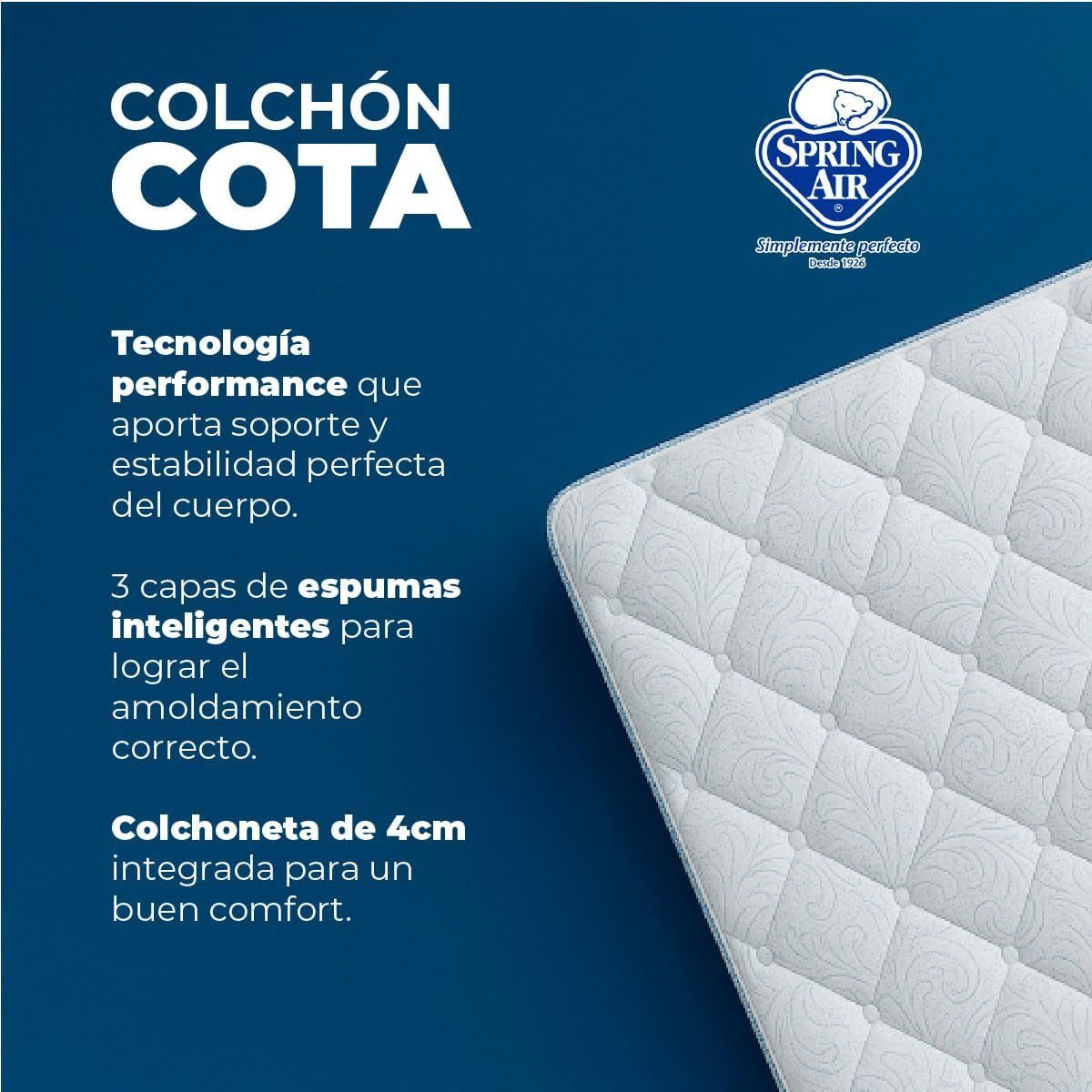 Spring Air Pack Colchón COTA Matrimonial Más 2 Almohadas y Cubre Colchon, Juego De Sabanas | Tecnología Performance | Confort y Soporte Ortopédico | Colchon Confort Medio