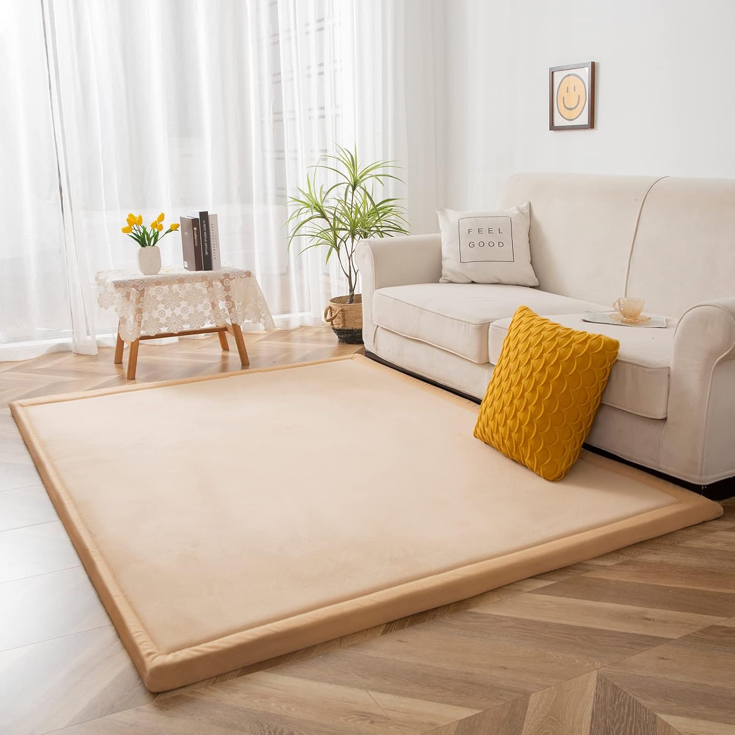 MAXYOYO - Puf plegable para sofá, cama, colchón de piso para adultos, extra grueso, 6 pliegues, sofá para recámara, sala de estar, beige, 135 x 240 cm