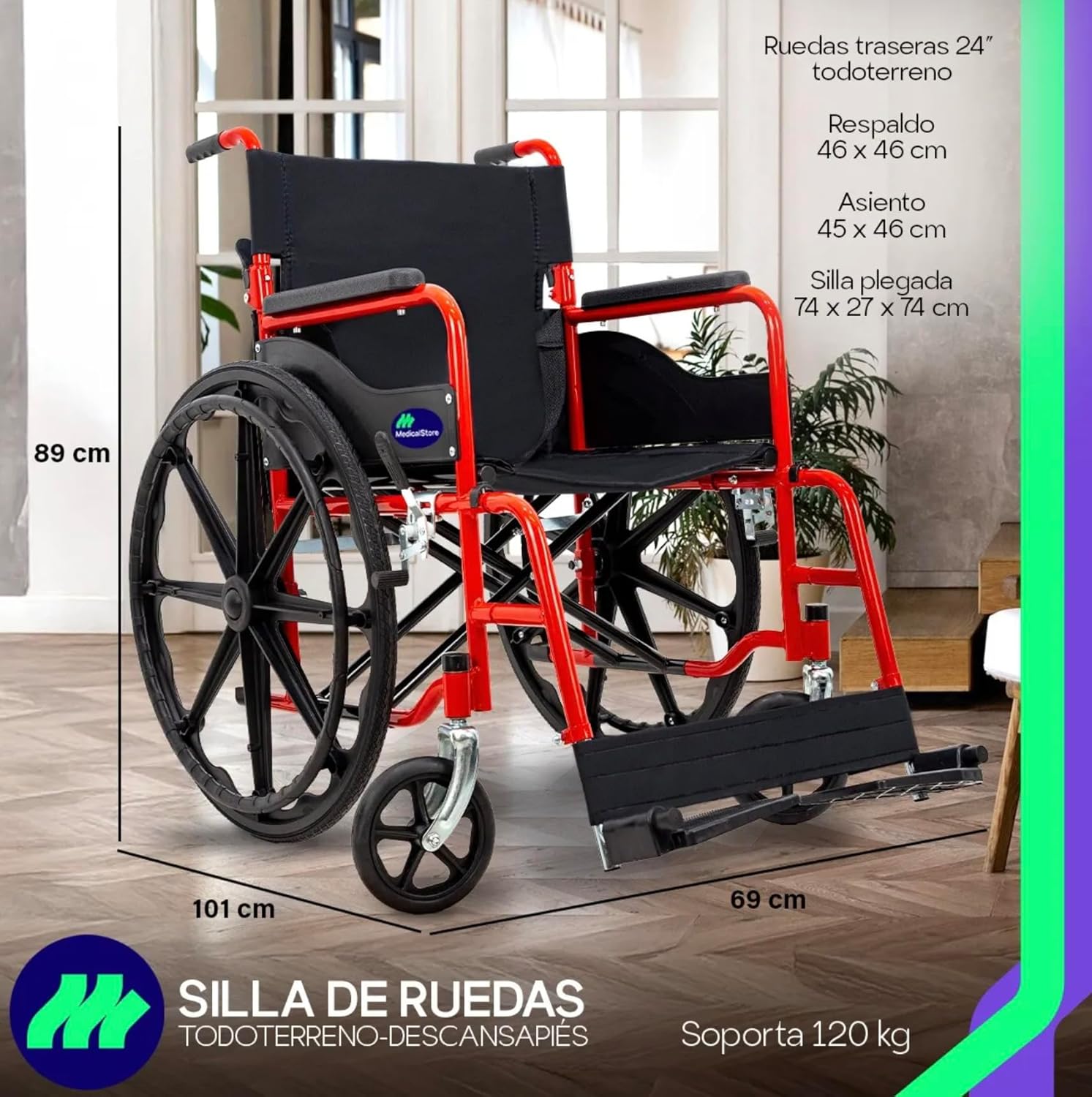 MEDICAL STORE Silla De Ruedas Ligera Adulto Mayor Todo Terreno Traslado Plegable Compacta Con Freno De Mano Rehabilitación Con Descansa Pies Abatible