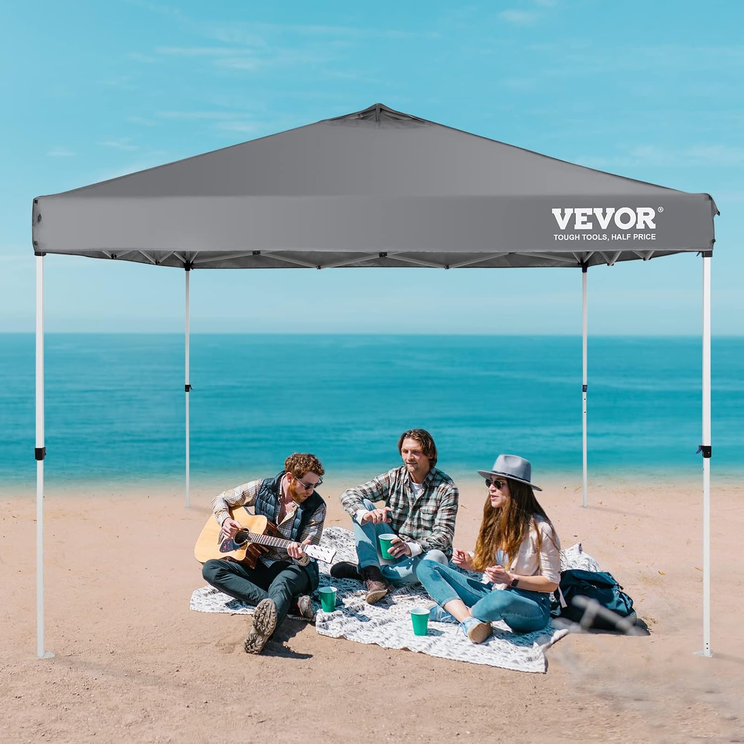 VEVOR - Tienda de campaña desplegable para toldo de 10 x 10 pies, lona recubierta de poliuretano de 250 D, con bolsa de rodillo portátil y 4 bolsas de arena, resistente al agua y protección solar para