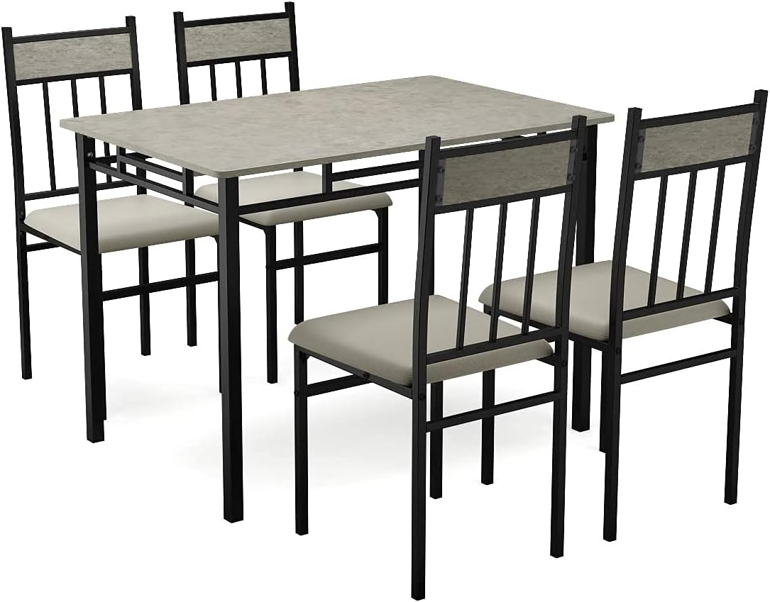 Juego de mesa de comedor de cocina de 5 piezas Tangkula, juego de mesa y sillas modernas que incluye 1 mesa rectangular y cuatro sillas de respaldo alto, marco de metal y asiento acolchado, tablero de mesa de mármol sintético (gris)