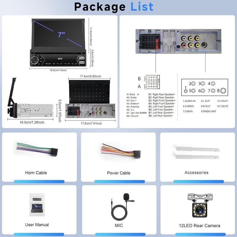 Autorradio de 1 DIN con pantalla táctil de 7 pulgadas, radio para coche con pantalla abatible, Bluetooth, radio FM, función Mirror Link para teléfonos Android/iOS, compatible con tarjetas TF/USB, incluye cámara y micrófono.